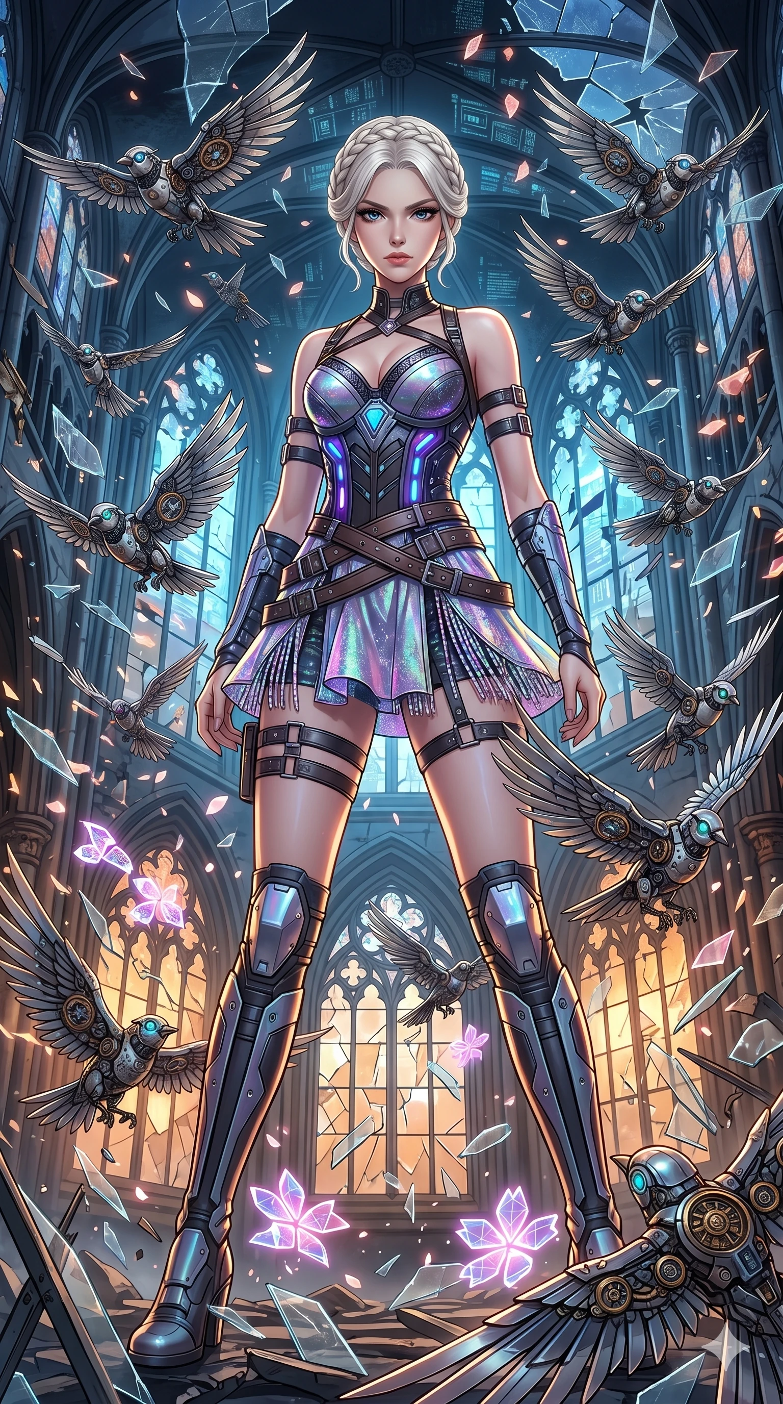 score_9, masterpiece, best quality, ultra-detailed, Set A: High-budget Anime Keyframe, Japanese woman. Low angle cowboy shot filling the entire 9:16 frame with her statuesque presence. Standing victoriously through a shattered glass cathedral, surrounded by a whirlwind of 22 mechanical birds and surrounded by digital sakura petals. She has an absolutely perfect 8-heads proportion, an exceptionally tall and slender female figure with impossibly long slender legs and an ultra-slim waist. Sharp v-shaped jawline, high-bridge nose, intricate jewel-like eyes with depth, thick eyelashes, glossy lips with a natural sheen. Wearing Cyberpunk idol stage outfit with glittery fringes, leather straps, and glowing LED accents. Cinematic lighting, vibrant colors, dramatic shadows, 2k, ultra detail, master piece, 9:16 ratio
