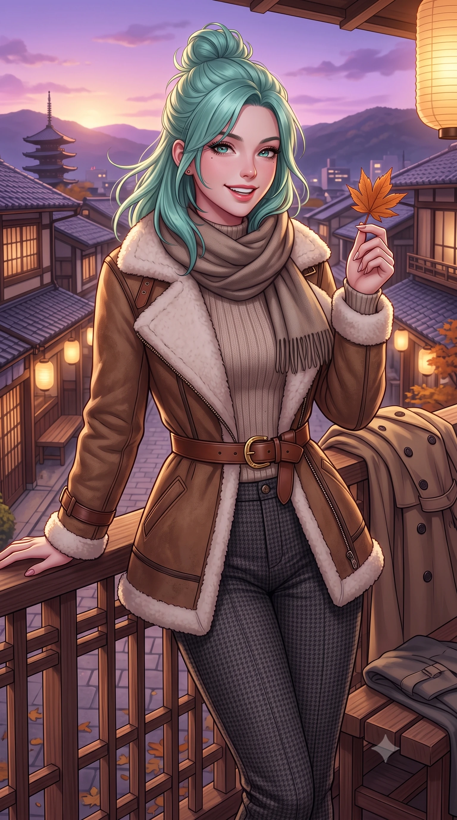score_9, masterpiece, best quality, ultra-detailed, high-budget anime keyframe, semi-realistic 3D game render, editorial fashion photography, tasteful artistic composition, Japanese woman. close-up cowboy shot from the waist and thighs up, the character dominates the composition, filling the frame with her large presence. holding a single autumn leaf delicately between manicured fingers, admiring it with a cheerful, parted-lip smile while leaning gently against the cedar lattice railing of the historic machiya balcony, one hand holding her scarf against the crisp evening breeze. The surrounding environment is rendered in vivid detail and crisp panoramic clarity: detailed double-breasted wool gabardine trench coat drape, horn buttons, and historic Japanese urban architecture in high resolution. She has an exceptionally elegant, slender, and willowy female figure with an ultra-slim waist, flat toned midriff, narrow ribcage, and sculpted feminine hips creating an alluring, slim hourglass silhouette without bulk. sharp v-shaped jawline, high-bridge nose, intricate jewel-like sparkling eyes with depth, thick eyelashes, glossy parted lips with a natural peach sheen, bright cheerful beaming smile with an enchanting and coquettish sensual glint, exuding both youthful cute charm and seductive allure, flawlessly proportioned anatomical accuracy, strict slender model proportions, natural body alignment, perfectly sculpted long slender limbs, ultra-slim waistline, clean dynamic posture without body distortion. wearing a plush shearling-trimmed suede aviator coat layered over a cozy ribbed merino knit sweater and tailored corduroy pants in classic Savile Row charcoal houndstooth and crisp ivory, made of luxurious brushed wool flannel with rich textural depth and clean structure, finished with a smooth equestrian bridle-leather belt with a polished brass horseshoe buckle, the structured cinched belt emphasizing her narrow waistline and gracefully balanced proportions with timeless haute-couture polish. bathed in the soft purple-gold twilight glow of autumn sunset over the Higashiyama mountains mixed with warm paper lantern lights. highly saturated vibrant anime colors, detailed shading with soft gradients, rich glossy textures, high-contrast stereoscopic depth, volumetric dynamic lighting, master piece, 9:16 ratio
