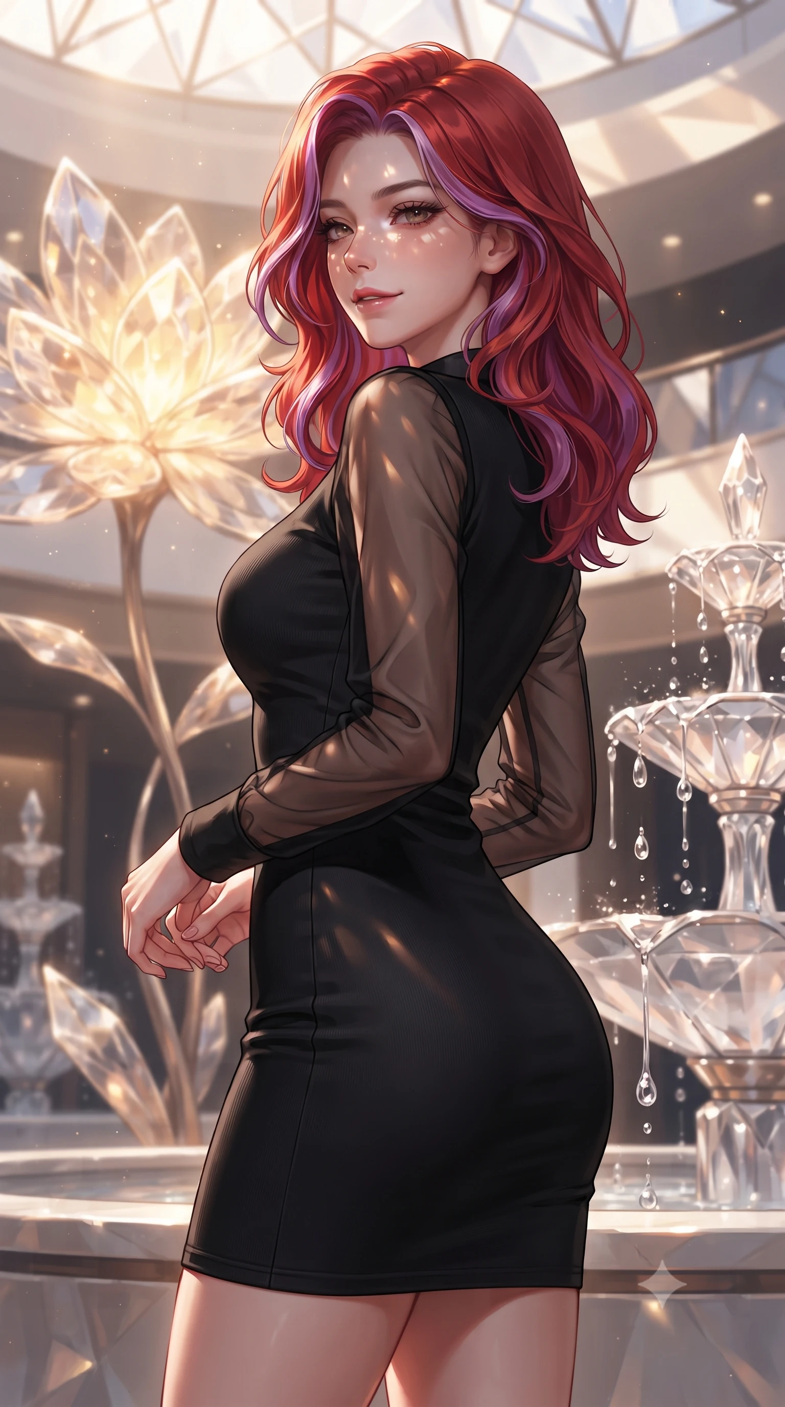 score_9, masterpiece, best quality, ultra-detailed, high-budget anime keyframe, editorial fashion photography, tasteful artistic composition, Caucasian woman. close-up cowboy shot from the waist and thighs up, the character dominates the composition, filling the frame with her large presence, background elements kept in soft focus. Glancing sidelong over her shoulder with a smoldering half-smile and heavy lashes resting near a giant solar-powered crystal flower emitting soft warm light, translucent water droplets cascading down platinum fountains. She has an exceptionally elegant, slender, and willowy female figure with an ultra-slim waist, a gracefully sculpted slender torso, and a refined silhouette. sharp v-shaped jawline, high-bridge nose, intricate jewel-like eyes with depth, thick eyelashes, glossy lips with a natural sheen. wearing a sleek bodycon knit dress with strategic sheer organza sleeve panels and a tight waist, the sleek second-skin texture accentuating her magnetic presence. lit by warm golden-hour rays cascading through crystalline glass panes. highly saturated vibrant anime colors, detailed shading with soft gradients, rich glossy textures, high-contrast stereoscopic depth, volumetric dynamic lighting, master piece, 9:16 ratio