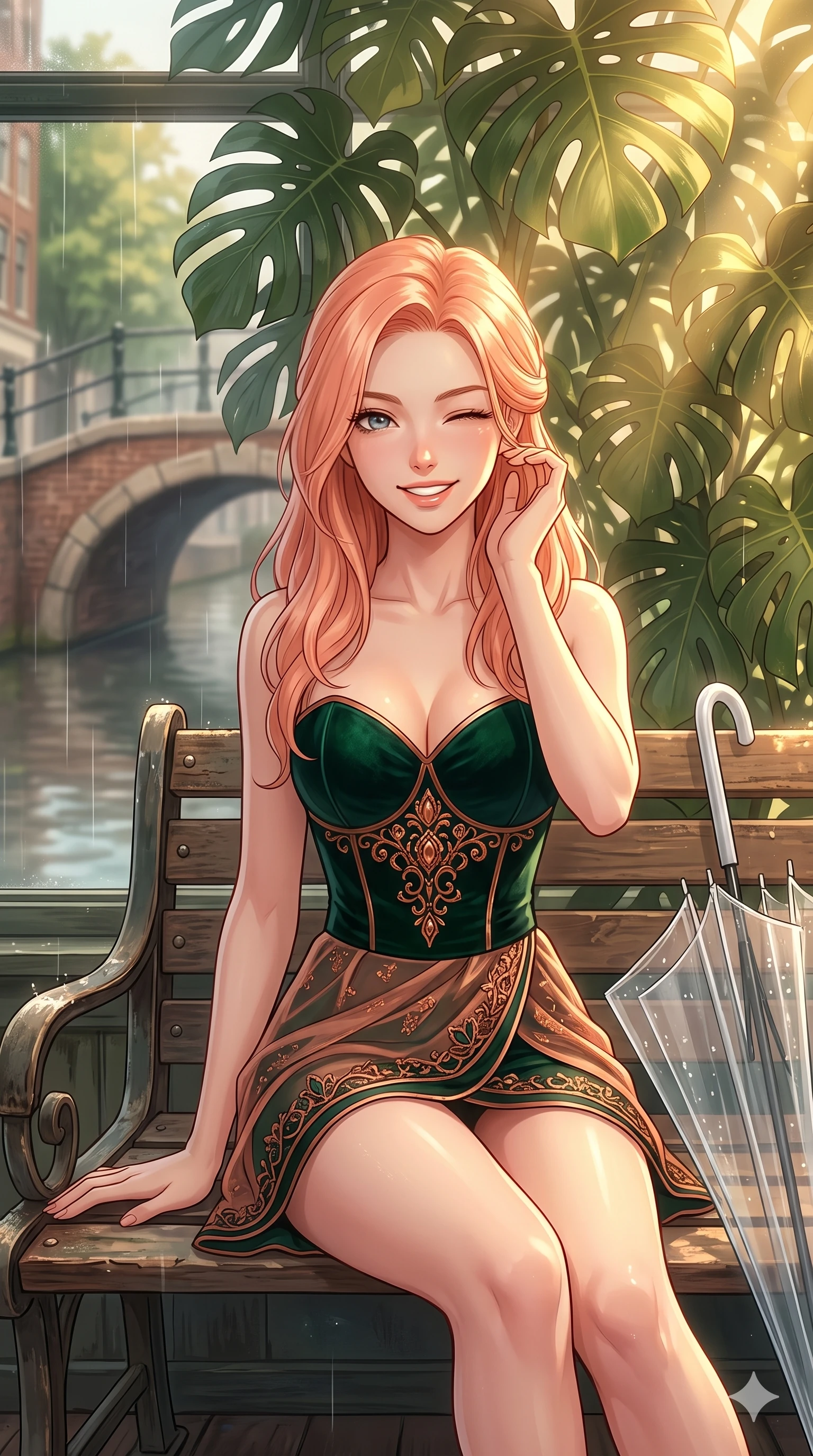 score_9, masterpiece, best quality, ultra-detailed, high-budget anime keyframe, vibrant anime aesthetic, Japanese woman. close-up cowboy shot from the waist and thighs up, the character dominates the composition, filling the frame with her large presence, background elements kept in soft focus. She is sitting on a vintage bench, winking with a playful and bright expression, her eyes shining with genuine joy with a lively, expressive stance. the background shows a soft-focus vintage brick arch bridge over a quiet canal, under a clear umbrella during a soft drizzle (Code-P22-160). She has an absolutely perfect proportion, an exceptionally elegant and slender female figure with an ultra-slim waist. V-shaped jawline, high-bridge nose, intricate jewel-like eyes with depth, thick eyelashes, glossy lips with a natural sheen. wearing a structured velvet bodice with a sweetheart neckline combined with a delicate wrap in dark emerald and copper details. She is drenched in warm, golden afternoon sunbeams filtering through dense green monstera leaves, creating a cinematic, high-budget anime lighting effect inside the retro conservatory cafe. 2k, ultra detail, master piece, 9:16 ratio