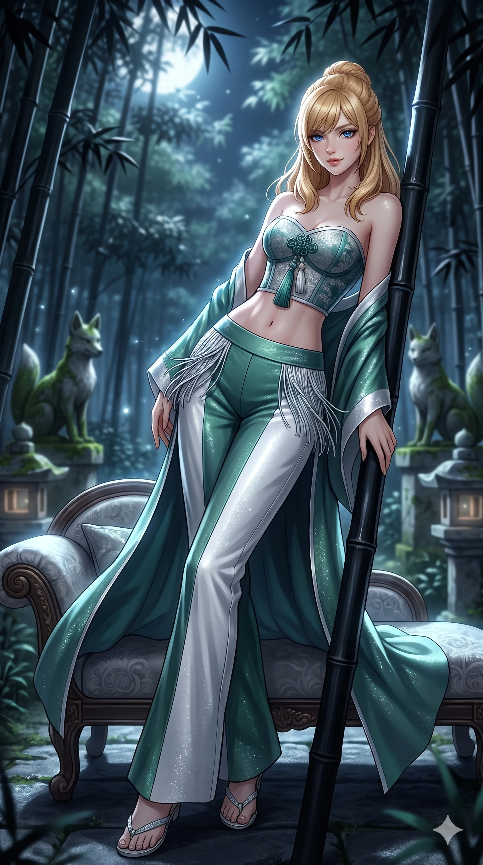 score_9, masterpiece, best quality, ultra-detailed, high-budget anime keyframe, semi-realistic 3D game render, editorial fashion photography, tasteful artistic composition, Caucasian woman. low angle full-body shot from head to toe showing her feet, filling the entire 9:16 vertical frame with her statuesque presence, stretching her vertical silhouette. reclining gracefully across the plush chaise lounge with one leg extended, her sculpted silhouette and flat midriff radiating magnetic nocturnal glamour while leaning against a black bamboo stalk with hips cocked back, night breezes fluttering her silk garments open around her curves. The background shows a soft-focus towering black bamboo stalks, moss-covered kitsune fox statues, and stone pathway lanterns blurred into jade, silver, and slate bokeh. She has an absolutely perfect, statuesque 8.5-heads proportion, an exceptionally tall and slender model-like female figure with impossibly long slender legs, an ultra-slim waist, a flat toned midriff, narrow delicate ribcage, and beautifully sculpted feminine hips creating a graceful, slim hourglass silhouette without any bulky heaviness. sharp v-shaped jawline, high-bridge nose, sparkling eyes with hypnotic seductive depth, thick curled eyelashes, glossy parted lips with a natural dewy peach sheen, alluring bedroom-eyes with an enchanting coquettish smile, exuding magnetic siren charisma and sophisticated glamour, flawlessly proportioned anatomical accuracy, strict slender model proportions, natural body alignment, perfectly sculpted long slender limbs, ultra-slim waistline, clean dynamic posture without body distortion. wearing a modern strapless boned hanbok bustier with traditional norigae tassel accents paired with high-waisted wide-leg silk trousers in moonlit jade green and pure alabaster white with silver accents, woven from metallic lurex thread casting radiant starlight glints across her silhouette, finished with delicate silk fringe trim fluttering along her hip line with kinetic charm, the form-contouring silhouette accentuating her sculpted flat midriff, narrow delicate ribcage, and gracefully curvy hips with intoxicating allure. bathed in crisp silver moonlight filtering down through dense bamboo canopies creating intricate linear shadows. highly saturated vibrant anime colors, detailed shading with soft gradients, rich glossy textures, high-contrast stereoscopic depth, volumetric dynamic lighting, master piece, 9:16 ratio