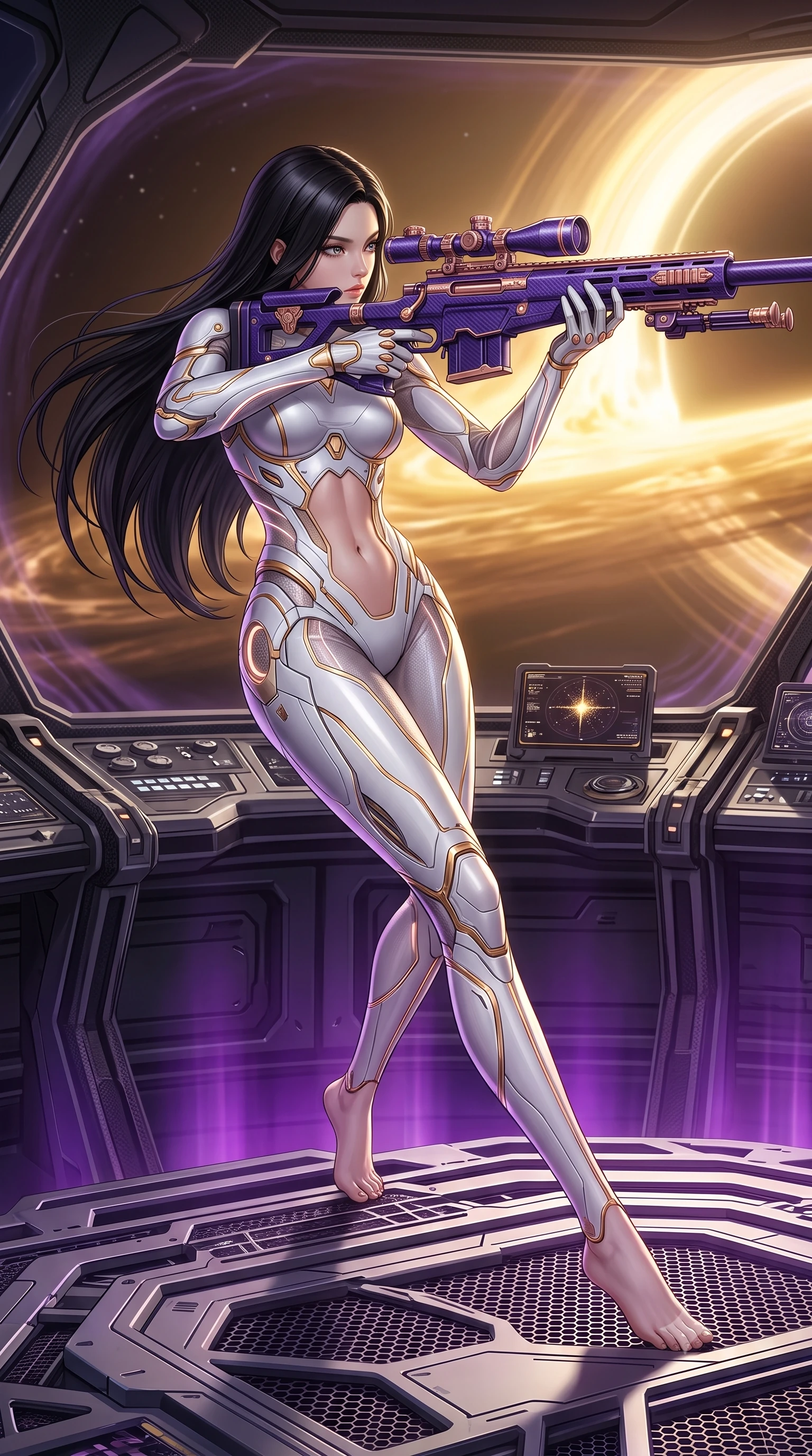 score_9, masterpiece, best quality, ultra-detailed, high-budget anime keyframe, semi-realistic 3D game render, editorial fashion photography, tasteful artistic composition, Korean woman. low angle full-body shot from head to toe showing her feet, filling the entire 9:16 vertical frame with her statuesque presence, stretching her vertical silhouette. pivoting dynamically in mid-motion with a breathtakingly alluring posture, displaying her flawless model proportions, toned flat midriff, and ultra-slim waist while arching her spine in a fluid zero-gravity stretch, her long slender legs and sculpted torso creating a sweeping celestial line. The surrounding environment is rendered in vivid detail and crisp panoramic clarity. intricate carbon exoskeleton joints, gravitational wave distortion ripples, and star consoles in high clarity. She has an absolutely perfect, statuesque 8.5-heads proportion, an exceptionally tall and slender model-like female figure with impossibly long slender legs, a toned flat midriff, and an ultra-slim waist. sharp v-shaped jawline, high-bridge nose, intricate jewel-like eyes with depth, thick eyelashes, glossy lips with a natural sheen, flawlessly proportioned anatomical accuracy, strict slender model proportions, natural body alignment, perfectly sculpted long slender limbs, ultra-slim waistline, clean dynamic posture without body distortion. wearing a form-contouring arctic white carbon-composite battle-suit with solar gold trim and diagonal midriff vents, aiming a precision carbon-fiber railgun sniper rifle with divine focus in royal purple carbon fiber with rose-gold hardware and clasps, crafted from semi-translucent cybernetic carbon-vinyl interwoven with glowing micro-filaments, accented with glowing fiber-optic conduits tracing her collarbones and hip curves, the form-contouring material adhering flawlessly to her sculpted flat midriff and slender torso, emphasizing her long leg lines and perfectly proportioned willowy build. bathed in radiant golden singularity accretion glow and saturated violet gravitational field uplights. rich saturated anime colors with glowing neon highlights, detailed shading with soft gradients, rich glossy textures, high-contrast stereoscopic depth, volumetric dynamic lighting, master piece, 9:16 ratio