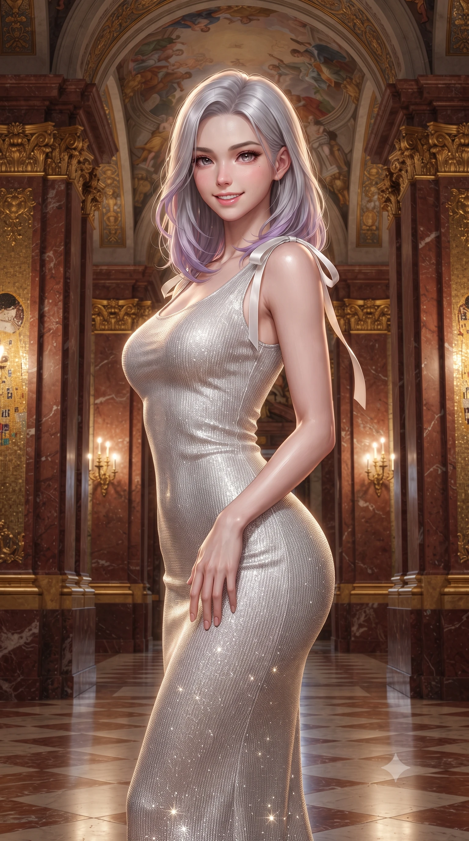 score_9, masterpiece, best quality, ultra-detailed, high-budget anime keyframe, editorial fashion photography, tasteful artistic composition, Caucasian woman. close-up cowboy shot from the waist and thighs up, the character dominates the composition, filling the frame with her large presence. tilting her head with a teasing half-smile, running one hand slowly down the side of her hip in a flirtatious S-curve as ambient light caresses her silhouette while standing poised between monumental fluted red marble pilasters beneath soaring painted Baroque fresco vaults, arching her lower back with aristocratic supermodel grace as gilded Klimt-style mosaic tesserae glitter in the evening light. The surrounding environment is rendered in vivid detail and crisp panoramic clarity: detailed fabric weave, gold embroidery accents, and Austrian imperial architectural relief in razor-sharp precision. She has an exceptionally elegant, slender, and willowy female figure with an ultra-slim waist, flat toned midriff, narrow ribcage, and sculpted feminine hips creating an alluring, slim hourglass silhouette without bulk. sharp v-shaped jawline, high-bridge nose, intricate jewel-like sparkling eyes with depth, thick eyelashes, glossy parted lips with a natural peach sheen, bright cheerful beaming smile with an enchanting and coquettish sensual glint, exuding both youthful cute charm and seductive allure, flawlessly proportioned anatomical accuracy, strict slender model proportions, natural body alignment, perfectly sculpted long slender limbs, ultra-slim waistline, clean dynamic posture without body distortion. wearing a sculpted metallic lurex knit column dress clinging smoothly to her curves with radiant shimmer in pure translucent crystal white and liquid platinum, woven from stretch metallic lurex jersey casting radiant starlight glints across her curves, finished with satin ribbon ties at the shoulders fluttering in the gentle breeze, the glove-like clinging cut tightly following the natural contour of her hips and long slender legs with youthful 8.5-heads elegance. illuminated by marble floor reflection bounce and sharp champagne-gold rim lights sculpting her razor-sharp jawline, narrow waist, and curvy hips. ultra-reflective glossy finish, specular highlights, rich textural contrasts, high-contrast stereoscopic depth, volumetric dynamic lighting, 2k, ultra detail, master piece, 9:16 ratio
