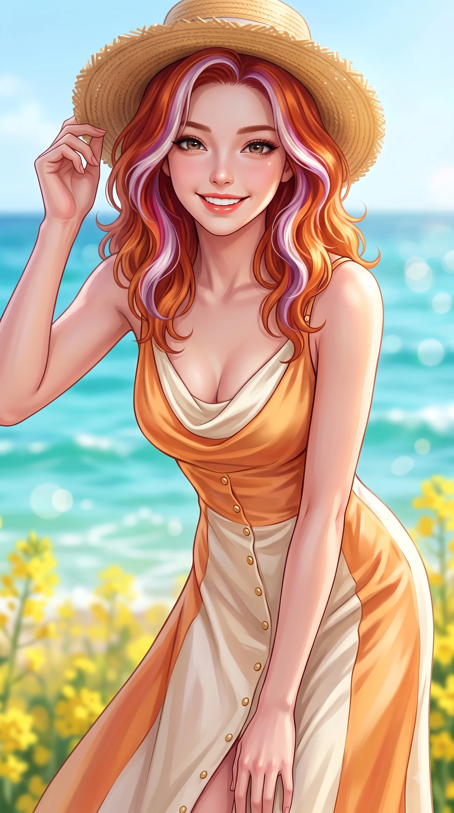 score_9, masterpiece, best quality, ultra-detailed, high-budget anime keyframe, editorial fashion photography, tasteful artistic composition, Caucasian woman. close-up cowboy shot from the waist and thighs up, the character dominates the composition, filling the frame with her large presence. Cheerful beaming smile with sparkling eyes and a fresh girlhood aura, leaning forward with playful grace while holding her straw hat lightly against the fresh sea breeze while smiling at the camera. The composition keeps background elements in soft focus with dreamy bokeh. crystal-clear turquoise sea waves and yellow canola fields blurred into dreamy ocean bokeh. She has an exceptionally elegant, slender, and willowy female figure with an ultra-slim waist, a gracefully sculpted slender torso, and a refined silhouette. sharp v-shaped jawline, high-bridge nose, intricate jewel-like eyes with depth, thick eyelashes, glossy lips with a natural sheen, flawlessly proportioned anatomical accuracy, natural body alignment, perfectly sculpted elegant limbs, clean dynamic posture without body distortion. wearing an elegant cowl-neck silk satin midi dress with a graceful draped neckline in warm apricot orange and cream white, crafted from lightweight fluid chiffon, adorned with delicate gold buttons along the front, the sleek second-skin texture accentuating her magnetic presence. surrounded by a fresh, sun-drenched, and relaxing vacation atmosphere. highly saturated vibrant anime colors, detailed shading with soft gradients, rich glossy textures, high-contrast stereoscopic depth, volumetric dynamic lighting, master piece, 9:16 ratio