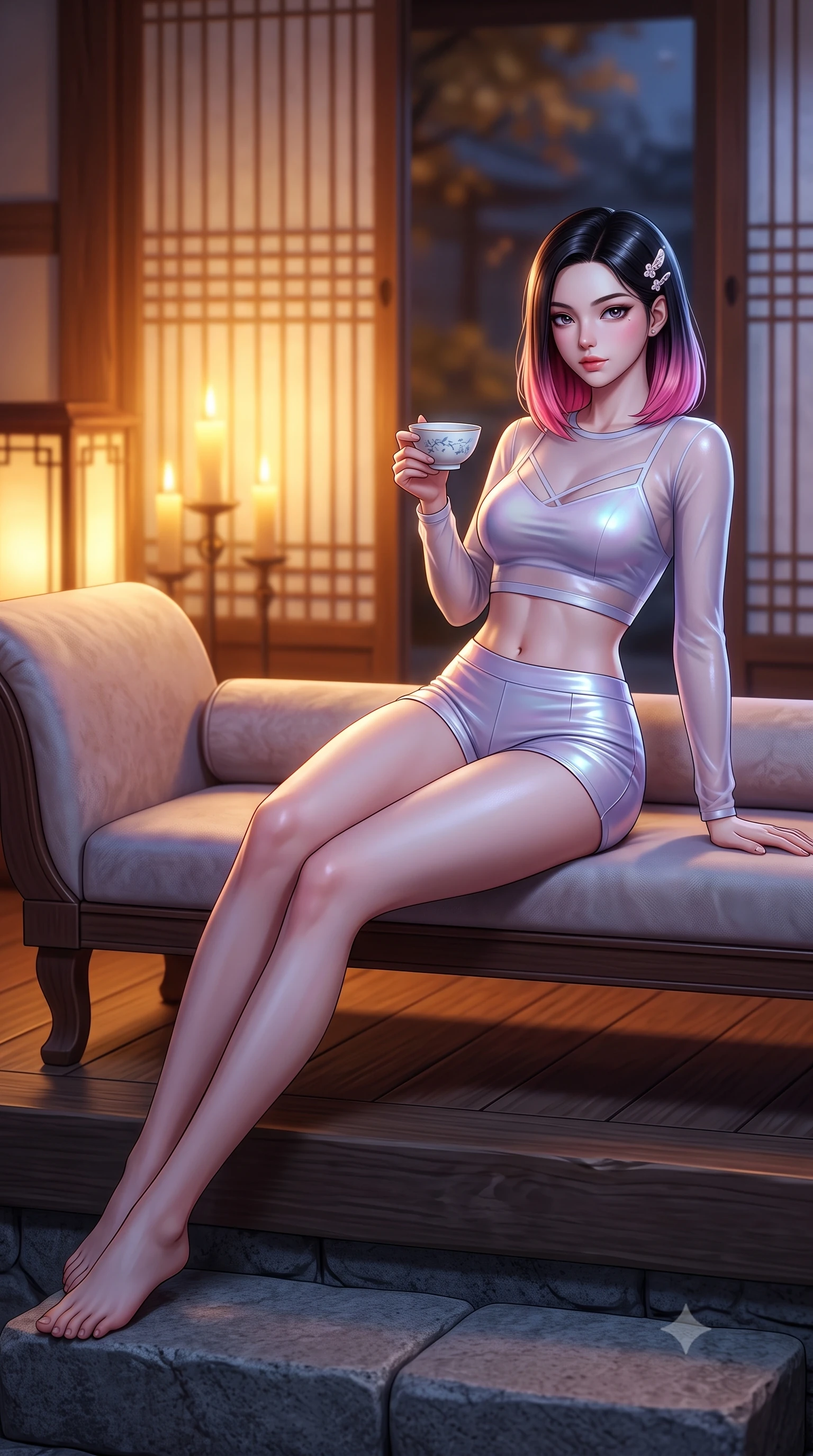 score_9, masterpiece, best quality, ultra-detailed, high-budget anime keyframe, semi-realistic 3D game render, editorial fashion photography, tasteful artistic composition, Korean woman. low angle full-body shot from head to toe showing her feet, filling the entire 9:16 vertical frame with her statuesque presence, stretching her vertical silhouette. reclining gracefully across the plush chaise lounge with one leg extended, her sculpted silhouette and flat midriff radiating magnetic nocturnal glamour while perched sideways on the stone foundation edge with legs extended, holding a porcelain tea bowl with effortless coquettish charm. The background shows a soft-focus warm candlelight glowing through translucent hanji paper doors softened in peaceful autumnal shallow focus. She has an absolutely perfect, statuesque 8.5-heads proportion, an exceptionally tall and slender model-like female figure with impossibly long slender legs, an ultra-slim waist, a flat toned midriff, narrow delicate ribcage, and beautifully sculpted feminine hips creating a graceful, slim hourglass silhouette without any bulky heaviness. sharp v-shaped jawline, high-bridge nose, sparkling eyes with hypnotic seductive depth, thick curled eyelashes, glossy parted lips with a natural dewy peach sheen, alluring bedroom-eyes with an enchanting coquettish smile, exuding magnetic siren charisma and sophisticated glamour, flawlessly proportioned anatomical accuracy, strict slender model proportions, natural body alignment, perfectly sculpted long slender limbs, ultra-slim waistline, clean dynamic posture without body distortion. wearing a sheer athletic mesh long-sleeve crop top layered over an opaque strappy micro-bralette and tight leatherette shorts in iridescent mother-of-pearl and misty lavender, made of semi-opaque stretch illusion mesh with soft shadowy contours, finished with delicate mother-of-pearl hairpin ornaments glinting in her dark glossy hair, the high-slit wrap tailoring accentuating her ultra-slim waistline and the enchanting curve of her feminine hips with alluring seductive charm. bathed in warm golden candlelight glowing from within the interior room mixed with cool moonlight fill. highly saturated vibrant anime colors, detailed shading with soft gradients, rich glossy textures, high-contrast stereoscopic depth, volumetric dynamic lighting, master piece, 9:16 ratio