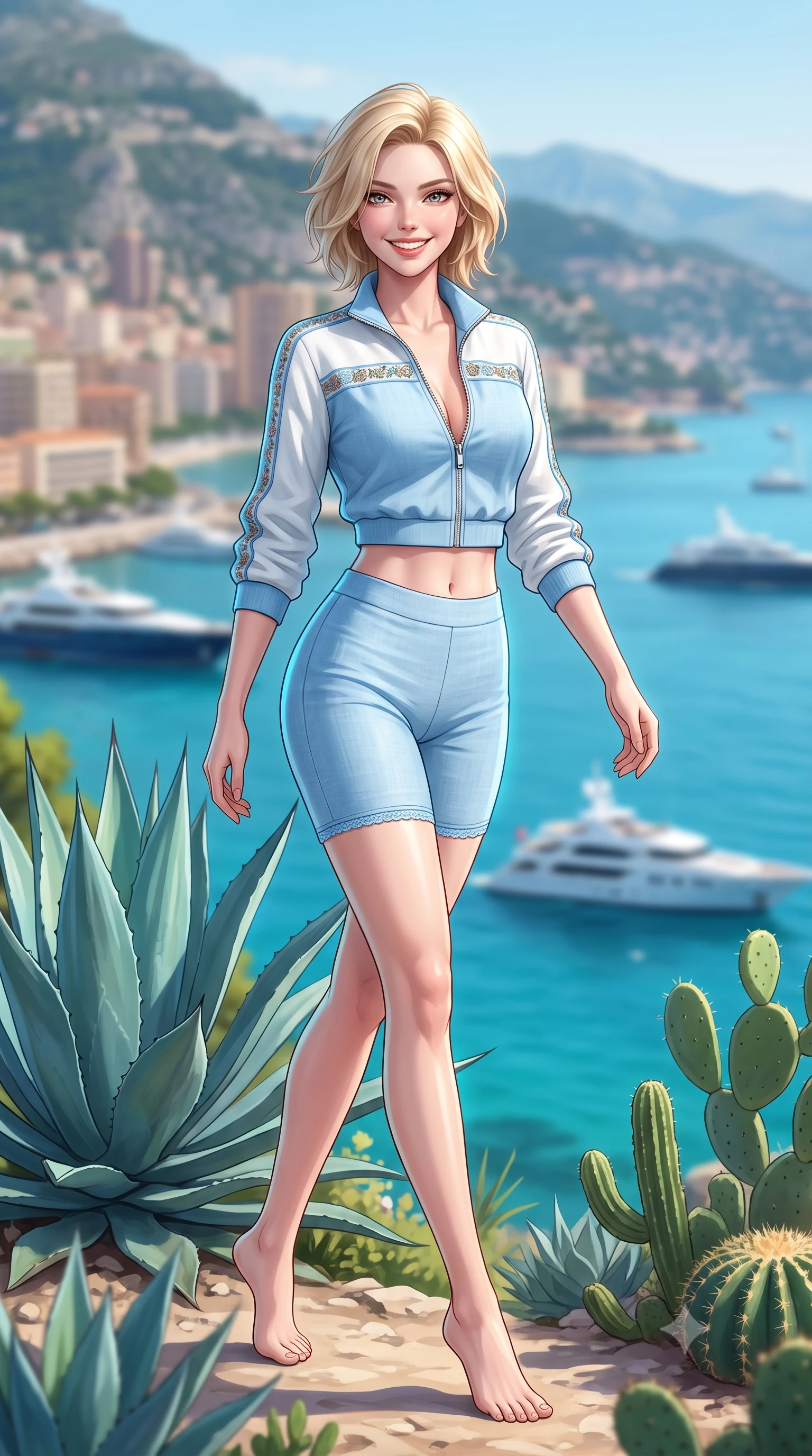 score_9, masterpiece, best quality, ultra-detailed, high-budget anime keyframe, semi-realistic 3D game render, editorial fashion photography, tasteful artistic composition, Caucasian woman. low angle full-body shot from head to toe showing her feet, filling the entire 9:16 vertical frame with her statuesque presence, stretching her vertical silhouette. stepping forward gracefully in mid-motion with a radiant beaming smile, hips swaying in an alluring kinetic rhythm that accentuates her curvy hourglass silhouette and long slender legs while standing poised along the cliffside botanical path between giant sculpted agaves and cacti, arching her back with a dazzling, sun-kissed smile over Monaco harbor. The composition keeps background elements in soft focus with dreamy creamy bokeh. towering sculptural succulents, turquoise Mediterranean sea, and Monte-Carlo luxury superyachts blurred into jade, azure, and golden bokeh. She has an exceptionally tall and slender model-like 8.5-heads proportion, an ultra-slim waist, a flat toned midriff, narrow delicate ribcage, and beautifully sculpted feminine hips creating a graceful, slim hourglass silhouette without any bulky heaviness, with impossibly long slender legs. sharp v-shaped jawline, high-bridge nose, intricate jewel-like sparkling eyes with depth, thick eyelashes, glossy parted lips with a natural peach sheen, bright cheerful beaming smile with an enchanting and coquettish sensual glint, exuding both youthful cute charm and seductive allure, flawlessly proportioned anatomical accuracy, strict slender model proportions, natural body alignment, perfectly sculpted long slender limbs, ultra-slim waistline, clean dynamic posture without body distortion. wearing a sporty chic zip-up crop jacket paired with high-waisted biker shorts clinging to her athletic hips in soft baby blue and crisp cloud white, crafted from soft breathable linen with effortless natural drape, complemented by delicate embroidered floral trim along the hem, the glove-like silhouette tightly following the natural contour of her hips and long slender legs with youthful 8.5-heads elegance. illuminated by radiant turquoise sea bounce fill sharply carving her razor-sharp jawline, narrow waist, and curvy hips. highly saturated vibrant anime colors, detailed shading with soft gradients, rich glossy textures, high-contrast stereoscopic depth, volumetric dynamic lighting, master piece, 9:16 ratio