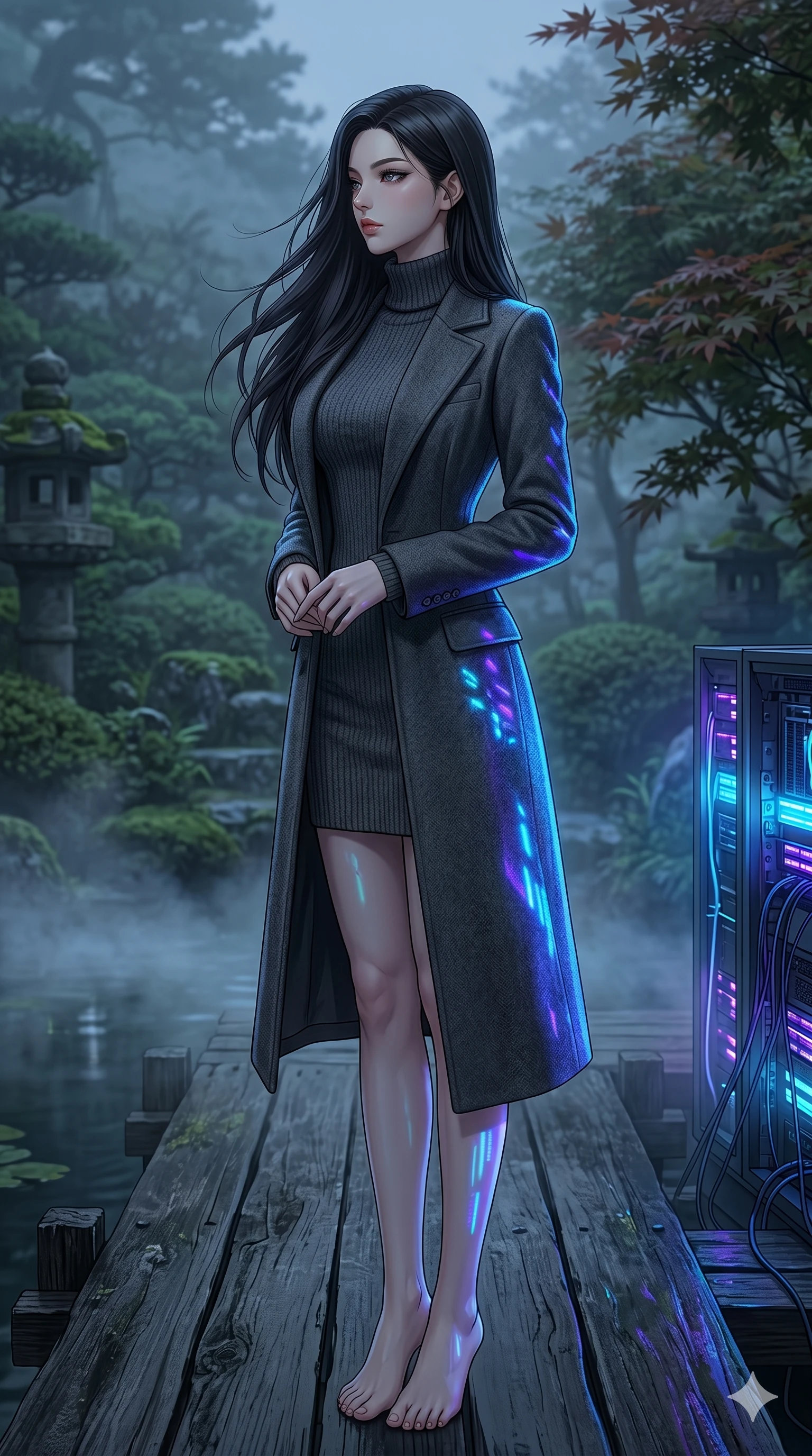 score_9, masterpiece, best quality, ultra-detailed, high-budget anime keyframe, editorial fashion photography, tasteful artistic composition, Korean woman. cowboy shot from the thighs up, character and outfit filling the frame for maximum editorial presence. standing tall, her face turned in profile to catch the wind, with a composed expression on a wooden bridge in a traditional Japanese garden with mist rising (Code-P17-036). She has an absolutely perfect 8-heads proportion, an exceptionally tall and slender female figure with impossibly long slender legs and an ultra-slim waist. V-shaped jawline, high-bridge nose, intricate jewel-like eyes with depth, thick eyelashes, glossy lips with a natural sheen. wearing a cozy high-neck turtleneck dress under a long tailored wool coat. neon blue and violet light from the servers casting sharp specular highlights on her outfit. 2k, ultra detail, master piece, 9:16 ratio
