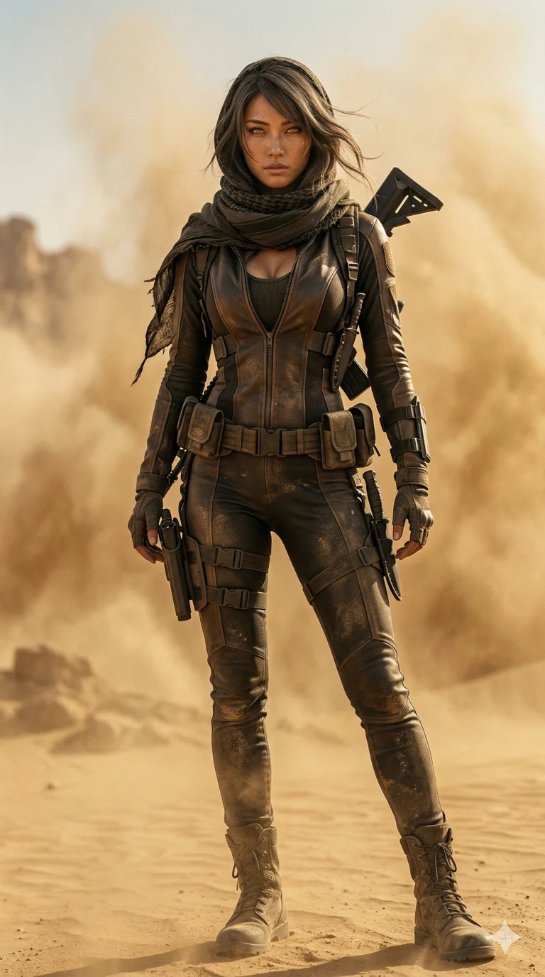 score_9, masterpiece, best quality, ultra-detailed, photorealistic 8k CG render, an incredibly beautiful Japanese woman. Low angle cowboy shot filling the frame. She is a desert assassin in a sandstorm, her eyes glowing amber. She has an absolutely perfect 8-heads proportion, an exceptionally tall and slender female figure with long slender legs. Her face is a masterpiece with ash brown hair and intense eyes. She is wearing a form-fitting synthetic leather suit, unzipped deeply, highlighting her alluring silhouette. Golden sand and dramatic shadows, dramatic rim lighting, radiant glowing skin, 2k, ultra detail, master piece, 9:16 ratio
