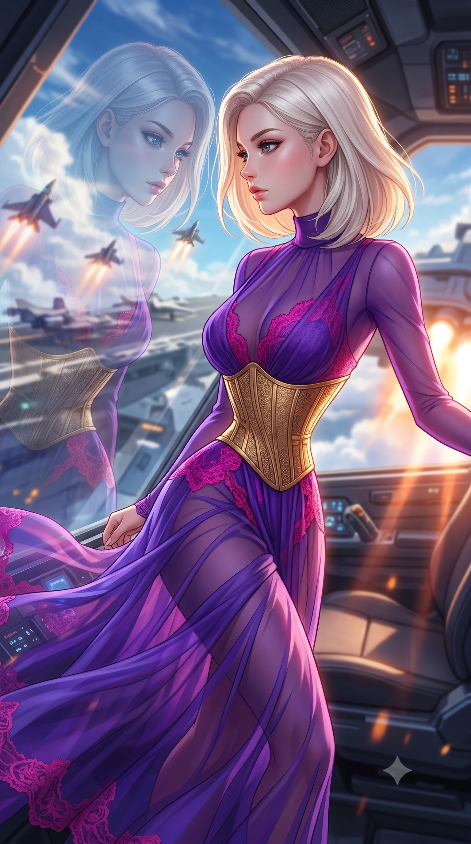 score_9, masterpiece, best quality, ultra-detailed, high-budget anime keyframe, editorial fashion photography, tasteful artistic composition, Caucasian woman, strictly human ears. close-up cowboy shot from the waist and thighs up, the character dominates the composition, filling the frame with her large presence, background elements kept in soft focus. Initiating a jump to hyperdrive, her face caught in a dramatic profile reflection on the cockpit glass. set against a soft-focus background of the deck of a massive carrier, fighters taking off in rapid succession into a blue sky filled with clouds. She has an exceptionally elegant and slender, willowy female figure with an ultra-slim waist, a gracefully sculpted slender torso, and a refined slim physique. sharp v-shaped jawline, high-bridge nose, intricate jewel-like eyes with depth, thick eyelashes, glossy lips with a natural sheen. wearing the lightweight fabric rippling and billowing dramatically with her movement, a form-contouring floor-length sheer gown in royal purple, featuring strategic fuchsia lace placement and a structured gold corset. highly saturated vibrant anime colors, intense vivid color palette, soft 3D volumetric shading, volumetric dynamic lighting, bright daylight with orange exhaust flares casting long warm reflections. 2k, ultra detail, master piece, 9:16 ratio