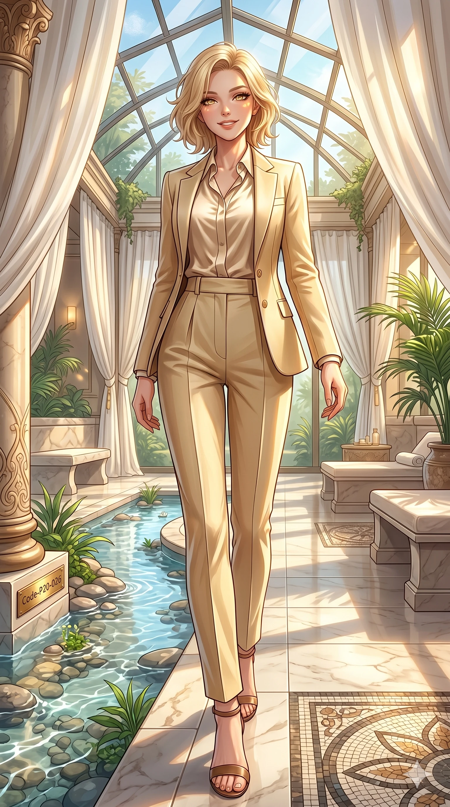 score_9, masterpiece, best quality, ultra-detailed, high-budget anime keyframe, vibrant anime aesthetic, Caucasian woman, strictly human ears. low angle full-body shot from head to toe showing her feet, filling the entire 9:16 vertical frame with her statuesque presence, stretching her vertical silhouette. She is posing with a warm, inviting smile, her eyes glowing with positive energy inside a luxury spa lounge with white drapes and a sunlit indoor stream (Code-P20-026). She has an absolutely perfect 8-heads proportion, an exceptionally tall and slender female figure with impossibly long slender legs and an ultra-slim waist. V-shaped jawline, high-bridge nose, intricate jewel-like eyes with depth, thick eyelashes, glossy lips with a natural sheen. wearing a tailored suit jacket over a satin shirt and pleated trousers. She is drenched in warm morning sunshine filtering through the conservatory glass, tracing her bare skin. 2k, ultra detail, master piece, 9:16 ratio
