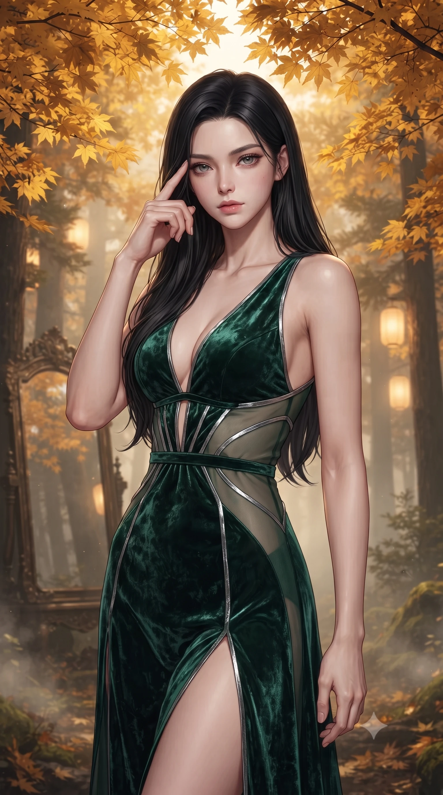 score_9, masterpiece, best quality, ultra-detailed, high-budget anime keyframe, editorial fashion photography, tasteful artistic composition, Korean woman. close-up cowboy shot from the waist and thighs up, the character dominates the composition, filling the frame with her large presence, background elements kept in soft focus. Pressing two fingers to her temple in a composed thoughtful gesture with an air of magnetic charisma resting near a sacred mirror altar under a canopy of golden autumn maple leaves, morning fog scattering golden sunlight through towering cedar trees. She has an exceptionally elegant, slender, and willowy female figure with an ultra-slim waist, a gracefully sculpted slender torso, and a refined silhouette. sharp v-shaped jawline, high-bridge nose, intricate jewel-like eyes with depth, thick eyelashes, glossy lips with a natural sheen. wearing a backless crushed velvet gown with a deep V-neckline and high thigh slit in deep emerald green and silver accent, woven from fine semi-opaque sheer organza, featuring clean architectural cutouts along her slender torso, the glove-like fit emphasizing her statuesque silhouette. illuminated by soft glowing paper lantern light and warm sunbursts. ultra-reflective glossy finish, specular highlights, metallic sheen, high-contrast stereoscopic depth, volumetric dynamic lighting, 2k, ultra detail, master piece, 9:16 ratio