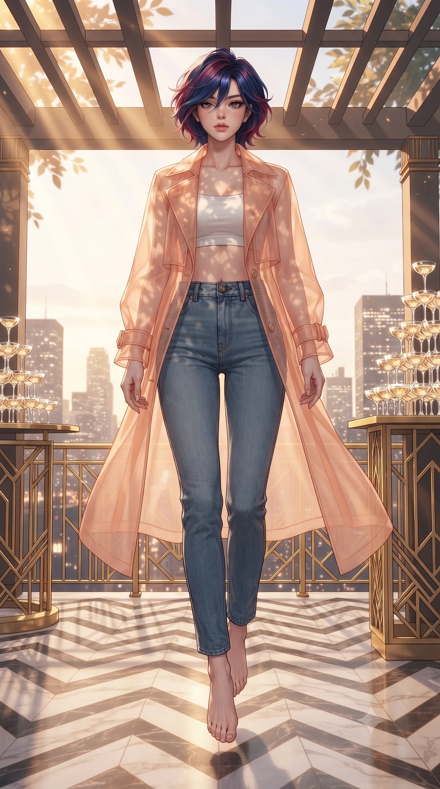 score_9, masterpiece, best quality, ultra-detailed, high-budget anime keyframe, editorial fashion photography, tasteful artistic composition, Korean woman. low angle full-body shot from head to toe showing her feet, filling the entire 9:16 vertical frame with her statuesque presence, stretching her vertical silhouette. floating with ethereal lightness within a glamorous 1920s art deco penthouse terrace with gold geometric railings chevron-patterned marble floors towering champagne glass pyramids and the glittering city skyline stretching beyond the balustrade. She has a statuesque 8.5-heads proportion, an exceptionally tall, slender and willowy model-like build with impossibly long legs and a highly sculpted ultra-slim waist. sharp v-shaped jawline, high-bridge nose, intricate jewel-like eyes with depth, thick eyelashes, glossy lips with a natural sheen. wearing a sheer peach organza trench coat worn open over a white crop top and high-waisted raw denim jeans. warm golden afternoon sunbeams casting soft organic leaf shadows across her skin. 2k, ultra detail, master piece, 9:16 ratio