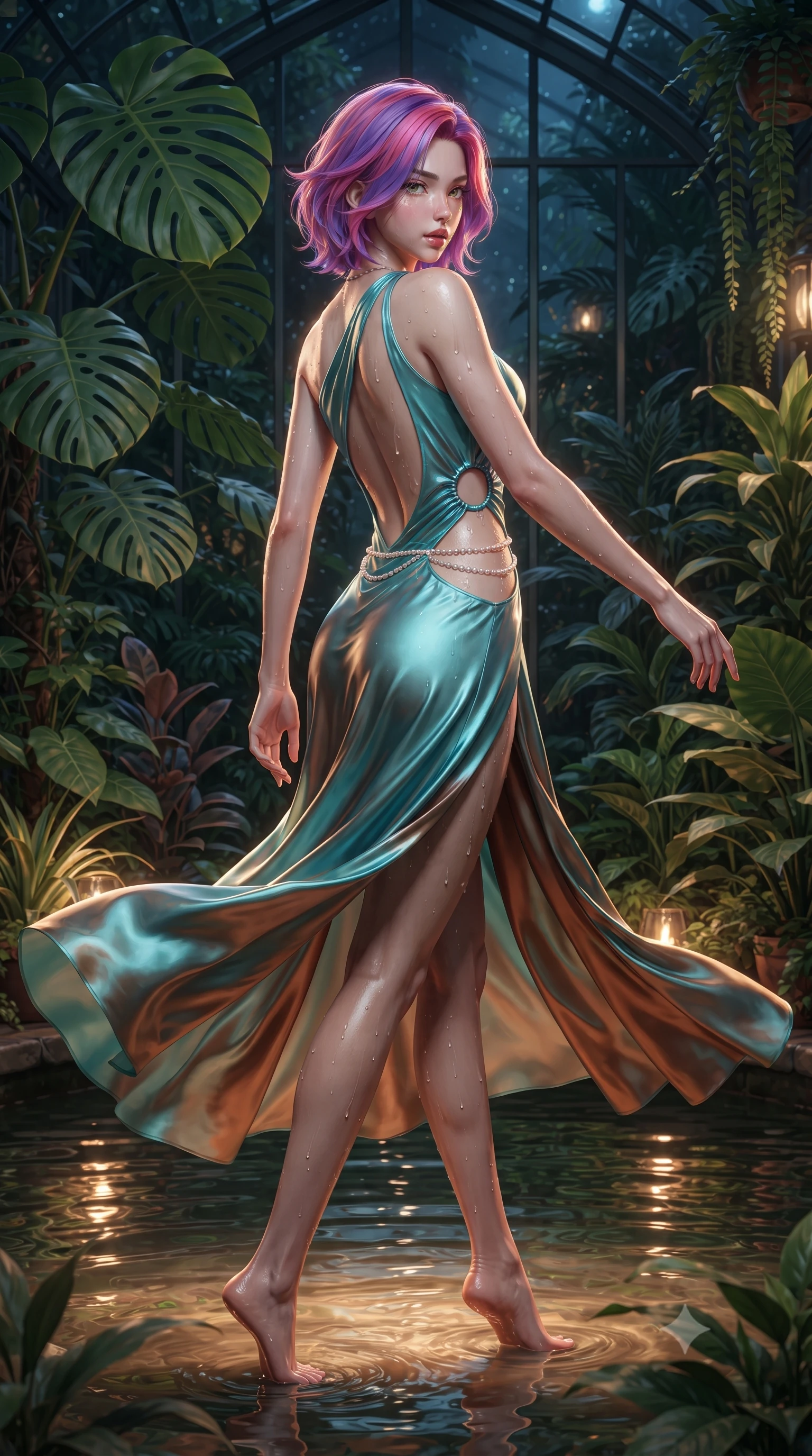 score_9, masterpiece, best quality, ultra-detailed, high-budget anime keyframe, editorial fashion photography, tasteful artistic composition, Caucasian woman. low angle full-body shot from head to toe showing her feet, filling the entire 9:16 vertical frame with her statuesque presence, stretching her vertical silhouette. executing an elegant mid-motion pivot turn as garments swirl around her slender limbs, glancing over her shoulder with an intoxicating bedroom-gaze while wading lightly into the shallow warm botanical pool beneath towering monstera fronds, arching her spine in pure pleasure as water droplets bead on her hips. The surrounding environment is rendered in vivid detail and crisp panoramic clarity. lush nocturnal greenhouse chiaroscuro and enchanted botanical sanctuary aesthetics in precision. She has an absolutely perfect, statuesque 8.5-heads proportion, an exceptionally tall and slender model-like female figure with impossibly long slender legs, a toned flat midriff, an ultra-slim waist, and beautifully sculpted feminine hips. sharp v-shaped jawline, high-bridge nose, intricate jewel-like eyes with depth, thick eyelashes, glossy parted lips with a natural sheen, intensely captivating and seductive bedroom-eyes expression, flawlessly proportioned anatomical accuracy, strict slender model proportions, natural body alignment, perfectly sculpted long slender limbs, ultra-slim waistline, clean dynamic posture without body distortion. wearing a modern water-nymph one-shoulder gown with an exposed midriff ring cutout and floating chiffon skirt in aquatic turquoise and molten bronze, tailored from smooth liquid silk satin adhering seamlessly to her wet skin, accented with dainty pearl waist chains framing her sun-kissed midriff, the dramatically scooped open back descending to the base of her spine, accentuating her razor-sharp statuesque lines and curvy hourglass silhouette. surrounded by an otherworldly, sensual, and exquisitely pure water-lily nymph aura. ultra-reflective glossy finish, specular highlights, rich textural contrasts, high-contrast stereoscopic depth, volumetric dynamic lighting, 2k, ultra detail, master piece, 9:16 ratio