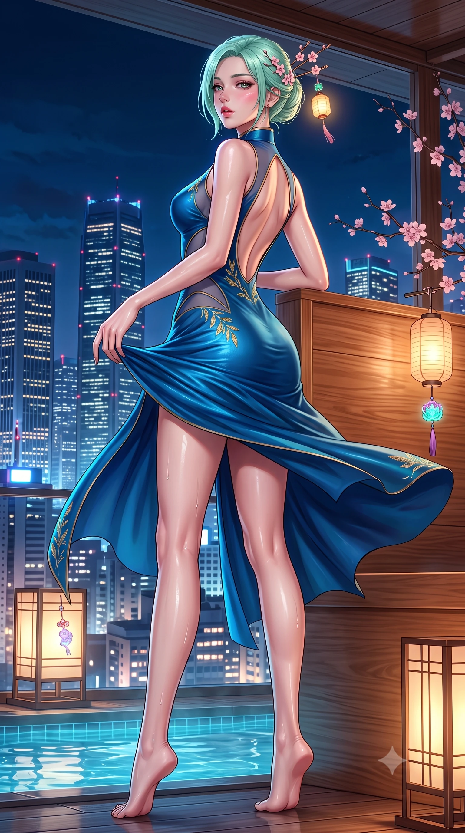 score_9, masterpiece, best quality, ultra-detailed, high-budget anime keyframe, semi-realistic 3D game render, editorial fashion photography, tasteful artistic composition, Japanese woman. low angle full-body shot from head to toe showing her feet, filling the entire 9:16 vertical frame with her statuesque presence, stretching her vertical silhouette. executing an elegant mid-motion pivot turn as garments swirl around her slender limbs, glancing over her shoulder with an intoxicating bedroom-gaze while leaning back against a cedar bath partition overlooking glowing Tokyo skyscrapers, parted glossy lips reflecting pink neon lights. The surrounding environment is rendered in vivid detail and crisp panoramic clarity. atmospheric nocturnal thermal chiaroscuro and private mountain-view skylounge luxury in precision. She has an absolutely perfect, statuesque 8.5-heads proportion, an exceptionally tall and slender model-like female figure with impossibly long slender legs, a toned flat midriff, an ultra-slim waist, and beautifully sculpted feminine hips. sharp v-shaped jawline, high-bridge nose, intricate jewel-like eyes with depth, thick eyelashes, glossy parted lips with a natural sheen, intensely captivating and seductive bedroom-eyes expression, flawlessly proportioned anatomical accuracy, strict slender model proportions, natural body alignment, perfectly sculpted long slender limbs, ultra-slim waistline, clean dynamic posture without body distortion. wearing a wet-look silk fusion wrap dress with asymmetrical sheer mesh cutouts and high Mandarin collar in deep azure blue and gold leaf embroidery, made of liquid bamboo jersey adhering seamlessly to her slender frame, accented with delicate cherry blossom hairpins and glowing paper lantern charms, the precision-cut side openings and low-back scoop framing her graceful spine and the sensual sweep of her hips. illuminated by wet specular reflections accentuating her sculpted collarbones, narrow waist, and curvy hips. highly saturated vibrant anime colors, detailed shading with soft gradients, rich glossy textures, high-contrast stereoscopic depth, volumetric dynamic lighting, master piece, 9:16 ratio