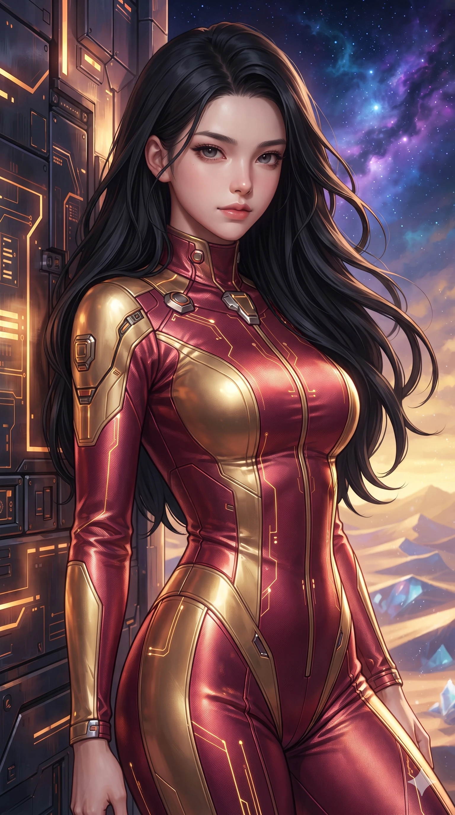 score_9, masterpiece, best quality, ultra-detailed, high-budget anime keyframe, editorial fashion photography, tasteful artistic composition, Korean woman. close-up cowboy shot from the waist and thighs up, the character dominates the composition, filling the frame with her large presence. leaning back against the glowing maintenance bulkhead with relaxed seductive grace, her flat midriff and narrow waist highlighted as laser ambient light traces her curves while leaning against the smooth curved arch pillar with hips cocked back, looking through the deep twilight void with heavy-lidded bedroom-eyes. The background shows a soft-focus faint evening desert haze softened in crystalline dunes sanctuary shallow focus. She has an exceptionally elegant, slender, and willowy female figure with an ultra-slim waist, flat toned midriff, narrow ribcage, and sculpted feminine hips creating an alluring, slim hourglass silhouette without bulk. sharp v-shaped jawline, high-bridge nose, intricate jewel-like sparkling eyes with depth, thick eyelashes, glossy parted lips with a natural sheen, bright confident smile with an enchanting and coquettish sensual glint, exuding both youthful magnetic charm and sovereign high-tech allure, flawlessly proportioned anatomical accuracy, strict slender model proportions, natural body alignment, perfectly sculpted long slender limbs, ultra-slim waistline, clean dynamic posture without body distortion. wearing a body-contouring high-neck metallic cyber-jersey jumpsuit casting radiant starlight shimmer across her flat midriff in relativistic crimson and blazing accretion gold, woven from high-density tech-wool with subtle metallic thread weave, complemented by strappy stiletto combat boots with metallic ankle wraps accentuating her slender calves, the glove-like clinging cut tightly following the natural contour of her hips and long slender legs with youthful 8.5-heads elegance. bathed in the crisp cool diamond starlight of an unpolluted alien night sky mixed with subtle warm golden sunset remnants at the horizon. ultra-reflective glossy finish, specular highlights, rich textural contrasts, high-contrast stereoscopic depth, volumetric dynamic lighting, 2k, ultra detail, master piece, 9:16 ratio