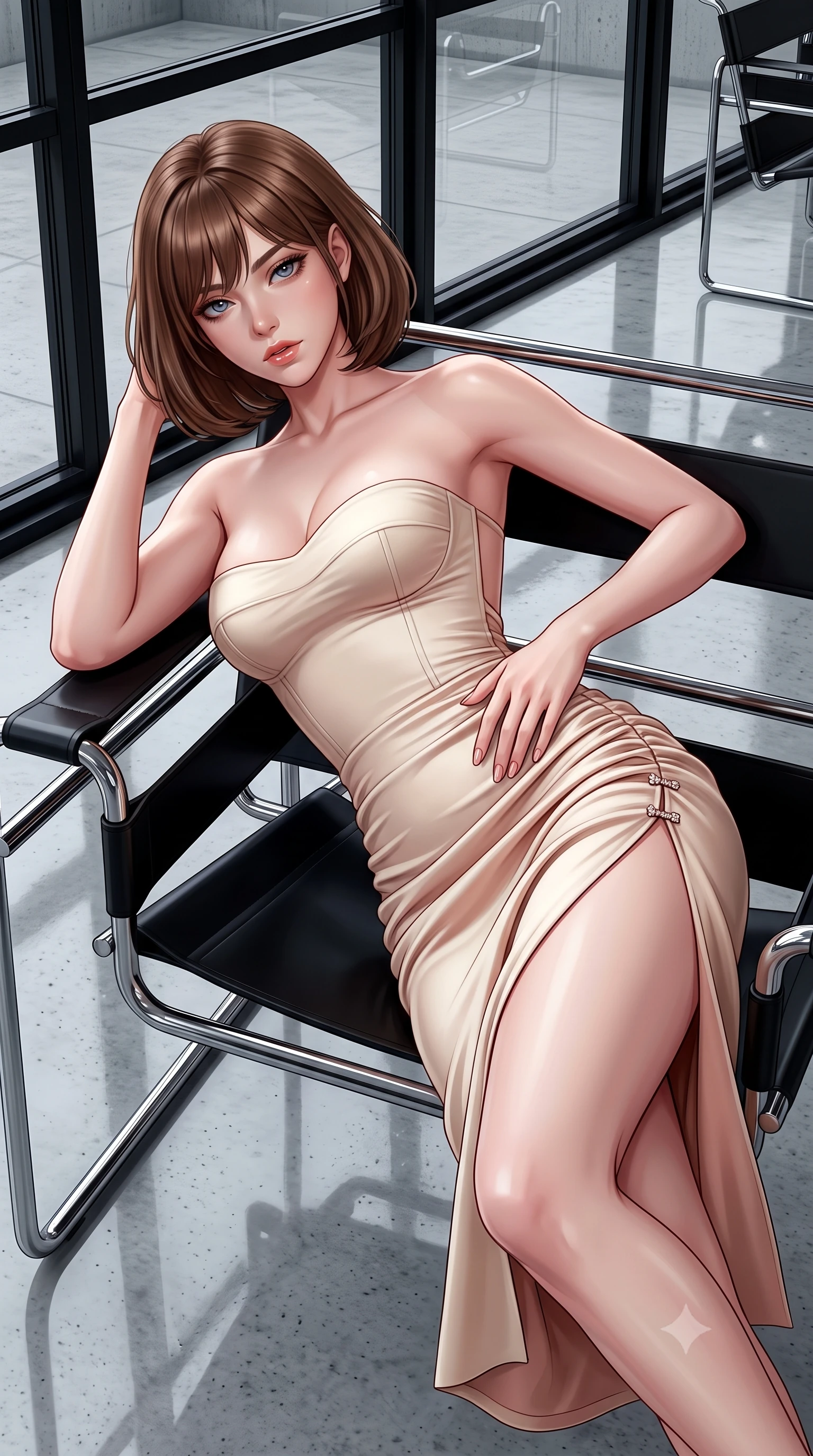 score_9, masterpiece, best quality, ultra-detailed, high-budget anime keyframe, semi-realistic 3D game render, editorial fashion photography, tasteful artistic composition, Caucasian woman. close-up cowboy shot from the waist and thighs up, the character dominates the composition, filling the frame with her large presence. resting one manicured hand delicately on her hip bone, her upper body turning in a fluid, seductive S-curve while parted lips glisten in the light while reclining on a tubular steel chrome Bauhaus armchair propped on one elbow, her curvaceous hips and willowy limbs creating an avant-garde geometric silhouette. The surrounding environment is rendered in vivid detail and crisp panoramic clarity. sharp black steel window frame mullions, polished concrete floor reflections, and chrome tubular furniture joints in deep focus. She has an exceptionally elegant, slender, and willowy female figure with an ultra-slim waist, flat toned midriff, narrow ribcage, and sculpted feminine hips creating an alluring, slim hourglass silhouette without bulk. sharp v-shaped jawline, high-bridge nose, intricate jewel-like eyes with depth, thick eyelashes, glossy parted lips with a natural sheen, intensely captivating and seductive bedroom-eyes expression, flawlessly proportioned anatomical accuracy, strict slender model proportions, natural body alignment, perfectly sculpted long slender limbs, ultra-slim waistline, clean dynamic posture without body distortion. wearing an ultra-fitted strapless bustier midi dress with side hip ruching and exposed spine in vintage champagne ivory and delicate rose gold, made of fluid silk crepe with delicate inner corsetry boning, finished with an ultra-high side slit secured by miniature jeweled clasps, the glove-like aerodynamic silhouette tightly following the natural contour of her hips and long slender legs with statuesque 8.5-heads elegance. illuminated by subtle architectural spotlighting sharply defining her sculpted cheekbones, ultra-slim waist, and curvy hips. highly saturated vibrant anime colors, detailed shading with soft gradients, rich glossy textures, high-contrast stereoscopic depth, volumetric dynamic lighting, master piece, 9:16 ratio