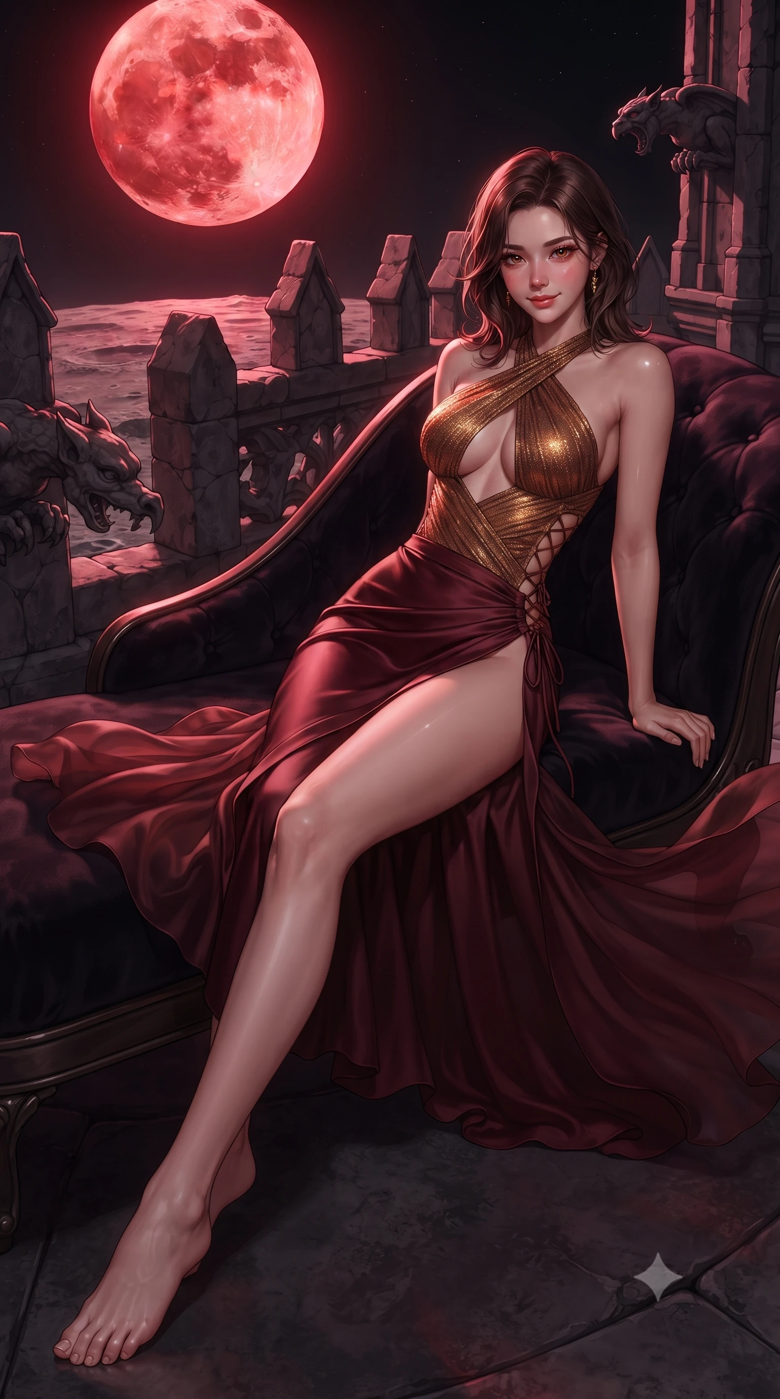 score_9, masterpiece, best quality, ultra-detailed, high-budget anime keyframe, editorial fashion photography, tasteful artistic composition, Korean woman. low angle full-body shot from head to toe showing her feet, filling the entire 9:16 vertical frame with her statuesque presence, stretching her vertical silhouette. reclining gracefully across the plush chaise lounge with one leg extended, her sculpted silhouette and flat midriff radiating magnetic nocturnal glamour while twisting her slender torso in an alluring contrapposto stance, night winds billowing her sheer silk train around her long slender legs and curvy hips. The surrounding environment is rendered in vivid detail and crisp panoramic clarity: sharp weathered stone crenelations, carved granite gargoyle claws, and lunar crater surface details in deep focus. She has an absolutely perfect, statuesque 8.5-heads proportion, an exceptionally tall and slender model-like female figure with impossibly long slender legs, an ultra-slim waist, a flat toned midriff, narrow delicate ribcage, and beautifully sculpted feminine hips creating a graceful, slim hourglass silhouette without any bulky heaviness. sharp v-shaped jawline, high-bridge nose, sparkling eyes with hypnotic seductive depth, thick curled eyelashes, glossy parted lips with a natural dewy peach sheen, alluring bedroom-eyes with an enchanting coquettish smile, exuding magnetic siren charisma and sophisticated glamour, flawlessly proportioned anatomical accuracy, strict slender model proportions, natural body alignment, perfectly sculpted long slender limbs, ultra-slim waistline, clean dynamic posture without body distortion. wearing a high-waisted dark crimson satin wrap sarong skirt with hip-high slit paired with a plunging criss-cross halter corset in warm amber honey and antique gold leaf with dark shadow gradients, woven from stretch metallic lurex jersey casting radiant starlight glints across her silhouette, finished with fine criss-cross lace-up side ties revealing tantalizing glimpses of her hip curve, the precision-cut side openings and low-back scoop framing her graceful spine and the sensual sweep of her slim, toned hips. bathed in otherworldly crimson lunar illumination cascading directly from the giant blood moon. ultra-reflective glossy finish, specular highlights, rich textural contrasts, high-contrast stereoscopic depth, volumetric dynamic lighting, 2k, ultra detail, master piece, 9:16 ratio