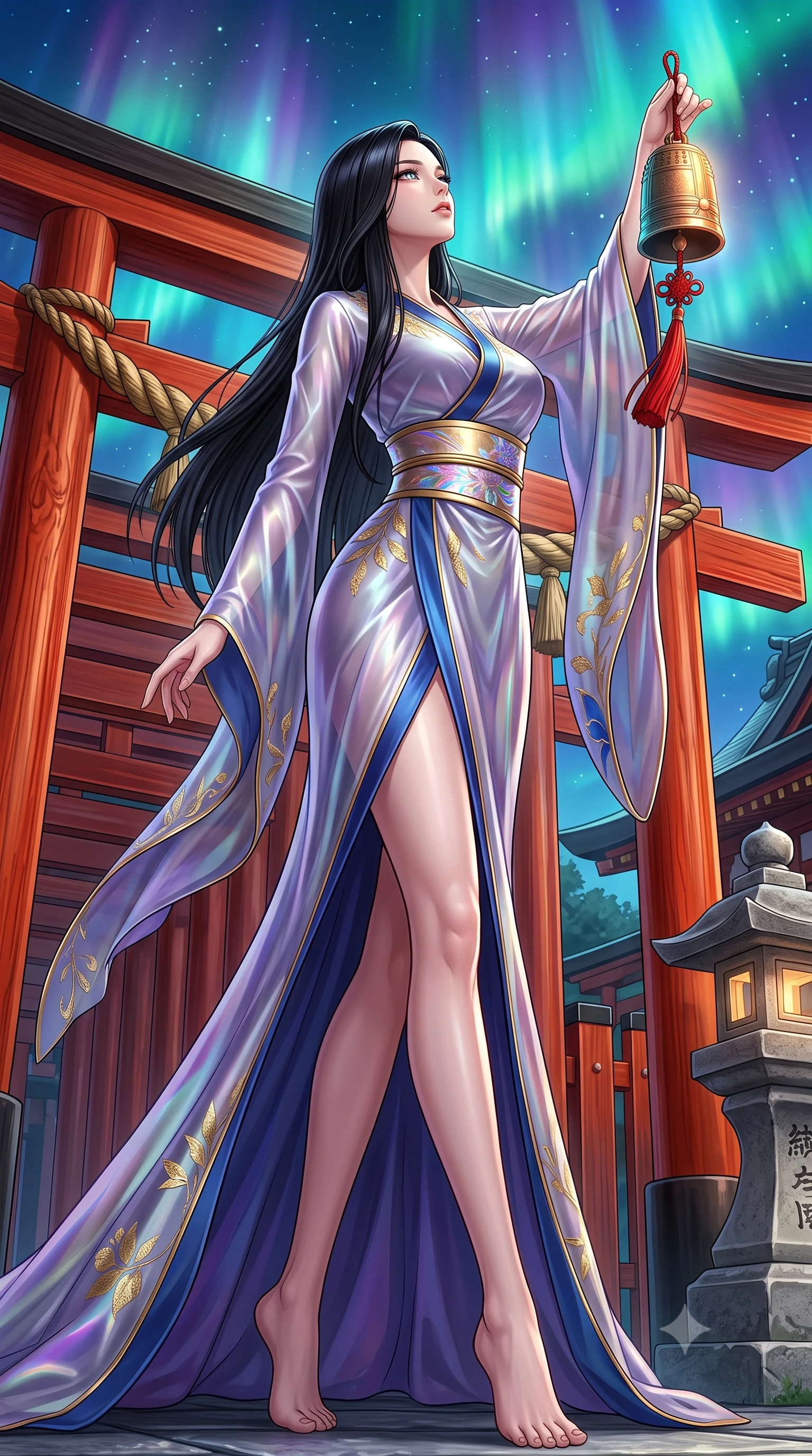 score_9, masterpiece, best quality, ultra-detailed, high-budget anime keyframe, semi-realistic 3D game render, editorial fashion photography, tasteful artistic composition, Korean woman. low angle full-body shot from head to toe showing her feet, filling the entire 9:16 vertical frame with her statuesque presence, stretching her vertical silhouette. pivoting dynamically with supreme athletic balance and poise, her impossibly long slender legs creating a breathtaking line while holding a glowing bronze ritual bell with red tassels, looking up at the aurora-filled sky with reverent, sparkling eyes. The surrounding environment is rendered in vivid detail and crisp panoramic clarity. intricate vermilion torii wood grain, braided straw shimenawa textures, and stone lantern carvings in deep focus. She has an absolutely perfect, statuesque 8.5-heads proportion, an exceptionally tall and slender model-like female figure with impossibly long slender legs, a toned flat midriff, and an ultra-slim waist. sharp v-shaped jawline, high-bridge nose, intricate jewel-like eyes with depth, thick eyelashes, glossy lips with a natural sheen, captivating and magnetic expression, flawlessly proportioned anatomical accuracy, strict slender model proportions, natural body alignment, perfectly sculpted long slender limbs, ultra-slim waistline, clean dynamic posture without body distortion. wearing a traditional-modern silk fusion wrap dress with asymmetric trailing sleeves and waist-cinching obi in deep azure blue and gold leaf embroidery, made of semi-translucent iridescent organza shifting between silver and violet, complemented by a wide metallic gold obi sash with holographic floral embroidery, the glove-like aerodynamic second-skin fit tightly clinging to her ultra-slender waist and athletic curves without adding bulk, accentuating her razor-sharp statuesque lines and slim hourglass silhouette. illuminated by crisp directional rim lighting accentuating her slender curves, bare spine, and flowing robes. highly saturated vibrant anime colors, detailed shading with soft gradients, rich glossy textures, high-contrast stereoscopic depth, volumetric dynamic lighting, master piece, 9:16 ratio