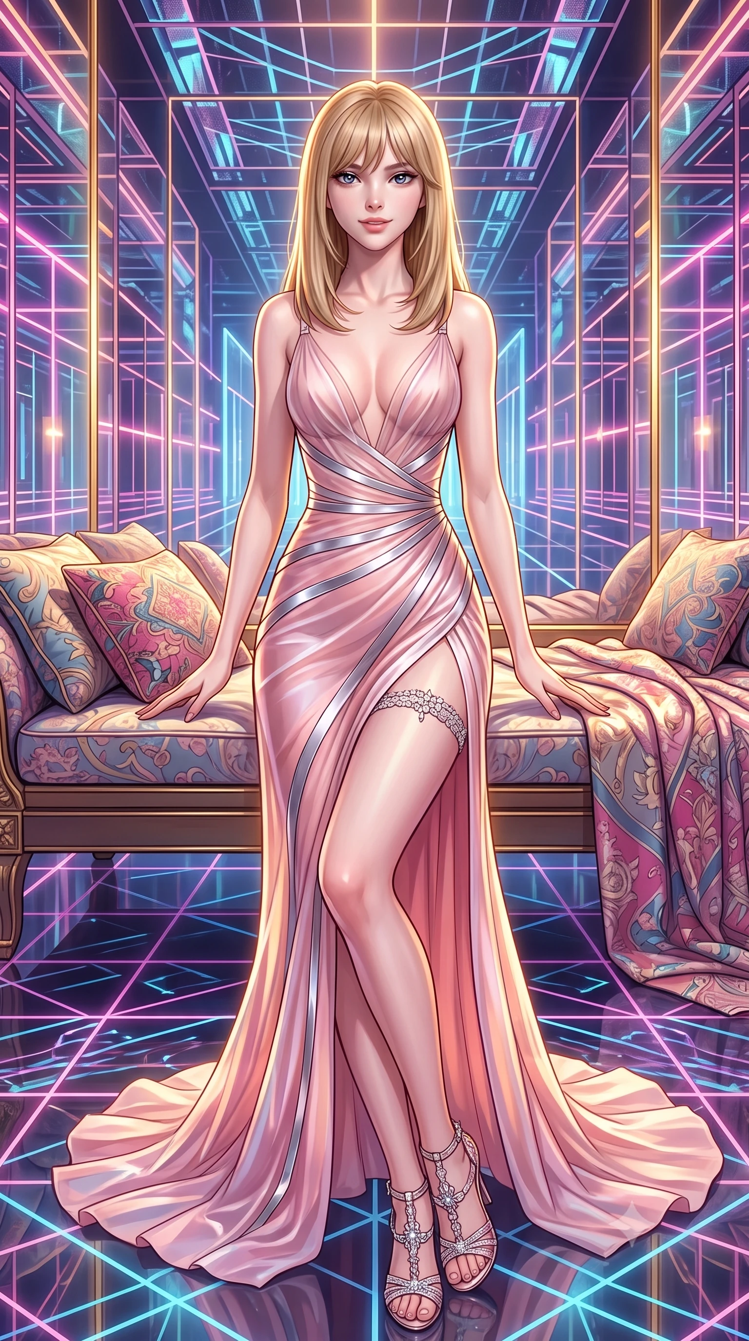 score_9, masterpiece, best quality, ultra-detailed, high-budget anime keyframe, semi-realistic 3D game render, editorial fashion photography, tasteful artistic composition, Japanese woman. low angle full-body shot from head to toe showing her feet, filling the entire 9:16 vertical frame with her statuesque presence, stretching her vertical silhouette. lounging on the lavish daybed with legs crossed and hips angled toward the camera, displaying her toned midriff and long slender limbs with effortless siren poise while standing poised in the infinite smart-mirror gallery reflecting endless recursive laser corridors, arching her spine with breathtaking anime heroine allure. The surrounding environment is rendered in vivid detail and crisp panoramic clarity: detailed anime styling, glossy highlights, and royal cybernetic palace craft in high resolution. She has an exceptionally tall and slender model-like 8.5-heads proportion, an ultra-slim waist, a flat toned midriff, narrow delicate ribcage, and beautifully sculpted feminine hips creating a graceful, slim hourglass silhouette without any bulky heaviness, with impossibly long slender legs. sharp v-shaped jawline, high-bridge nose, intricate jewel-like sparkling eyes with depth, thick eyelashes, glossy parted lips with a natural peach sheen, bright cheerful beaming smile with an enchanting and coquettish sensual glint, exuding both youthful cute charm and seductive allure, flawlessly proportioned anatomical accuracy, strict slender model proportions, natural body alignment, perfectly sculpted long slender limbs, ultra-slim waistline, clean dynamic posture without body distortion. wearing a plunge-front sheer illusion tulle slip dress with liquid platinum ribbon stripes hugging her curves in Solaris liquid rose-quartz and alien peach, crafted from fluid liquid silk satin that clings smoothly to her narrow waist and rounded hips with a dewy sheen, finished with delicate crystal-encrusted thigh garter straps glinting in the dim light, the glove-like clinging cut tightly following the natural contour of her hips and long slender legs with youthful 8.5-heads elegance. illuminated by mirror reflection bounce and sharp sunburst-gold rim lights defining her jawline, narrow waist, and curvy hips. highly saturated vibrant anime colors, detailed shading with soft gradients, rich glossy textures, high-contrast stereoscopic depth, volumetric dynamic lighting, master piece, 9:16 ratio