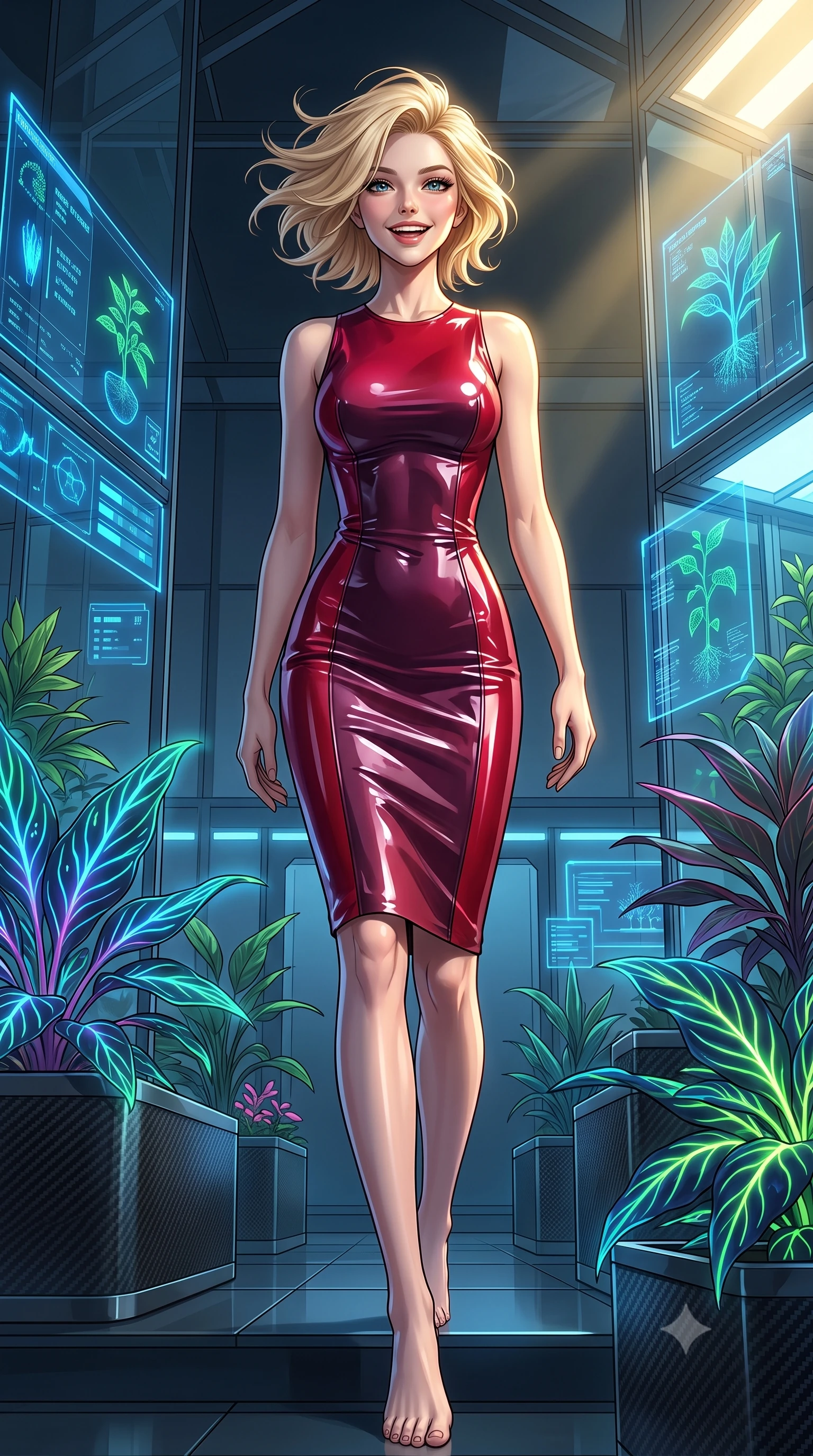 score_9, masterpiece, best quality, ultra-detailed, high-budget anime keyframe, editorial fashion photography, tasteful artistic composition, Caucasian woman, strictly human ears. low angle full-body shot from head to toe showing her feet, filling the entire 9:16 vertical frame with her statuesque presence, stretching her vertical silhouette. ascending with a radiant, excited smile through inside a high-tech botanical research laboratory with carbon-fiber pots, neon-vined plants, and blue status displays mapping their growth. She has a statuesque 8.5-heads proportion, an exceptionally tall, slender and willowy model-like build with impossibly long legs and a highly sculpted ultra-slim waist. sharp v-shaped jawline, high-bridge nose, intricate jewel-like eyes with depth, thick eyelashes, glossy lips with a natural sheen. wearing a glossy vinyl-effect pencil dress in dual-tone cherry red and plum, sculpting her slender silhouette with lacquered perfection. dramatic chiaroscuro with a single golden key light sculpting her silhouette. 2k, ultra detail, master piece, 9:16 ratio