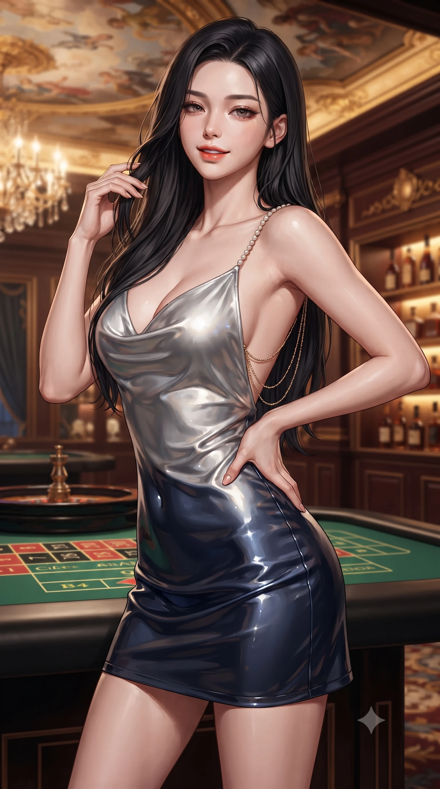 score_9, masterpiece, best quality, ultra-detailed, high-budget anime keyframe, editorial fashion photography, tasteful artistic composition, Korean woman. close-up cowboy shot from the waist and thighs up, the character dominates the composition, filling the frame with her large presence. twisting her slender torso in an alluring contrapposto stance, one hand resting on her sculpted hip while her fingers toy with her hair with effortless poise while standing poised beside the green baize roulette table with hips cocked back, casting an intoxicating, heavy-lidded smile. The background shows a soft-focus gilded ceiling frescoes, dark mahogany moldings, and shelves of rare cognacs blurred into honey, topaz, and deep mahogany bokeh. She has an exceptionally elegant, slender, and willowy female figure with an ultra-slim waist, flat toned midriff, narrow ribcage, and sculpted feminine hips creating an alluring, slim hourglass silhouette without bulk. sharp v-shaped jawline, high-bridge nose, sparkling eyes with hypnotic seductive depth, thick curled eyelashes, glossy parted lips with a natural dewy peach sheen, alluring bedroom-eyes with an enchanting coquettish smile, exuding magnetic siren charisma and sophisticated glamour, flawlessly proportioned anatomical accuracy, strict slender model proportions, natural body alignment, perfectly sculpted long slender limbs, ultra-slim waistline, clean dynamic posture without body distortion. wearing a low-cut draped cowl-back satin slip mini dress with dainty pearl spaghetti straps in molten liquid silver and deep sapphire navy, crafted from wet-look high-gloss vinyl fabric with dazzling specular surface reflections, accented with an open-back drape framed by falling strands of delicate gold chains, the second-skin tailored fabric adhering flawlessly to her sculpted flat midriff and slender torso, emphasizing her long leg lines and perfectly proportioned willowy build. illuminated by chandelier reflections and sharp warm-amber rim lights defining her delicate clavicles, ultra-slim waist, and curvy hips. ultra-reflective glossy finish, specular highlights, rich textural contrasts, high-contrast stereoscopic depth, volumetric dynamic lighting, 2k, ultra detail, master piece, 9:16 ratio