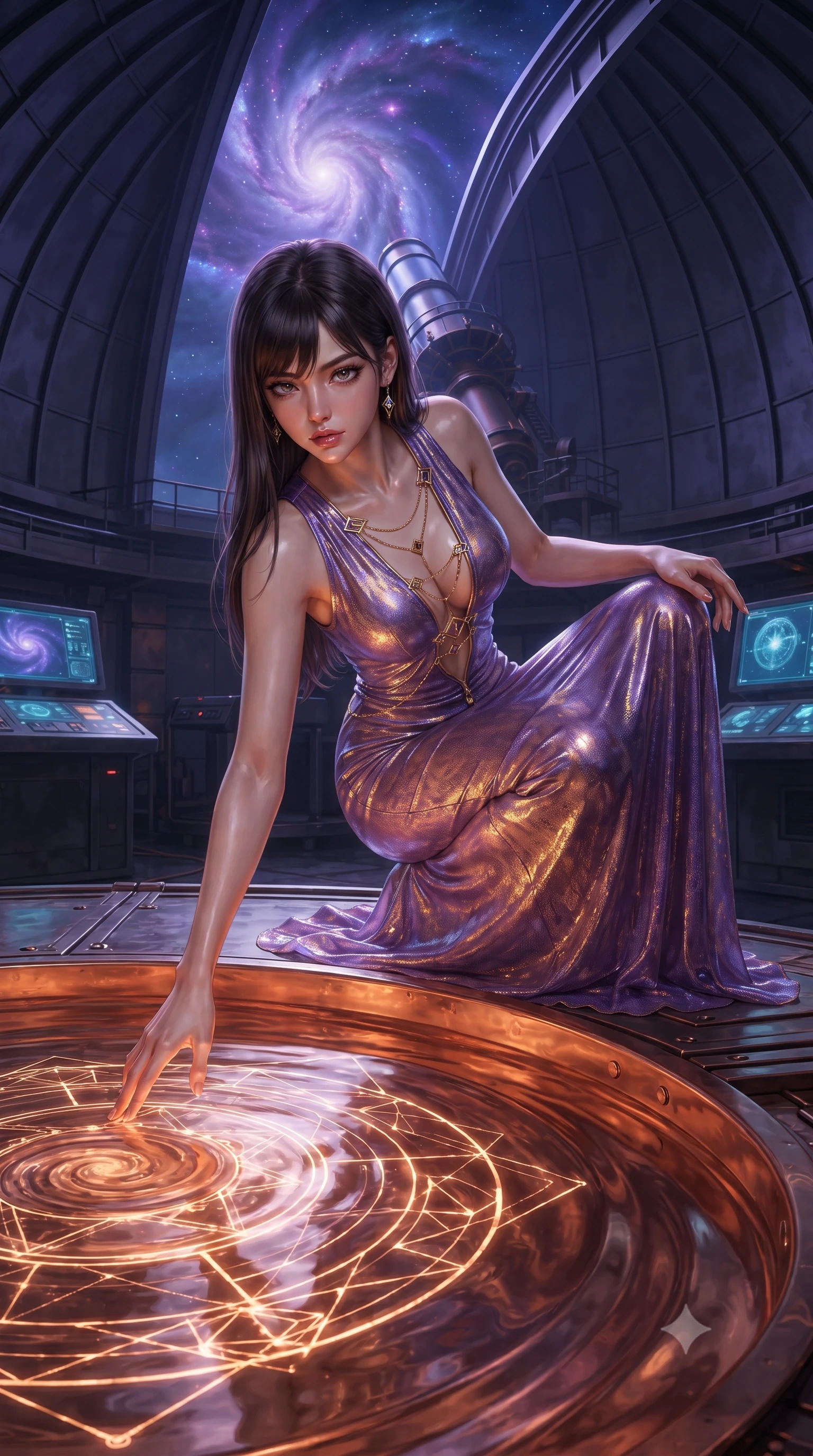 score_9, masterpiece, best quality, ultra-detailed, High-budget Anime Keyframe, editorial fashion photography, tasteful artistic composition, realistic cosplay photography, East Asian woman. Dynamic full-body shot stretching the vertical silhouette to the limit. Scenario 372: tracing geometric patterns in a pool of warm liquid copper inside a high-altitude observatory dome under a swirling violet nebula. Her presence is magnetic and overpowering in this high-budget cinematic scene. Outfit 372: a body-hugging shimmering chiffon long with a unzipped detail and fine gold chains. The clothing is designed to emphasize her exceptionally tall and slender 8-heads proportion. 8-heads proportion, towering silhouette, ultra-slim waist. sharp v-shaped jawline, intricate jewel-like eyes with depth, thick eyelashes, glossy lips. ultra-reflective glossy finish, specular highlights, metallic sheen, high-contrast stereoscopic depth, volumetric dynamic lighting, 2k, ultra detail, master piece, 9:16 ratio