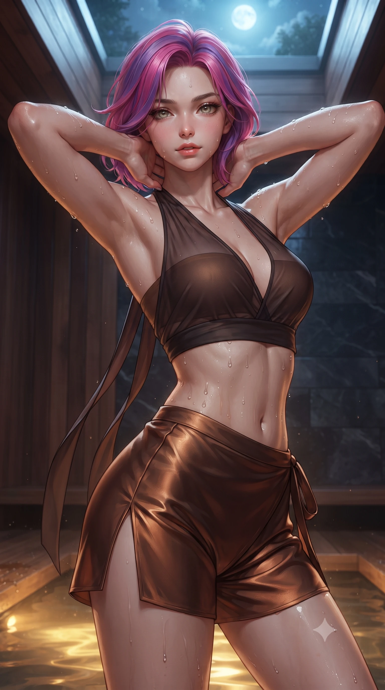 score_9, masterpiece, best quality, ultra-detailed, high-budget anime keyframe, editorial fashion photography, tasteful artistic composition, Caucasian woman. close-up cowboy shot from the waist and thighs up, the character dominates the composition, filling the frame with her large presence. resting both hands lightly behind her neck with elbows raised, arching her spine to highlight her narrow waist, flat midriff, and breathtaking collarbones while twisting her slender torso in an alluring S-curve, mineral water droplets beading across her sculpted shoulders and flat midriff. The surrounding environment is rendered in vivid detail and crisp panoramic clarity: sharp wet cedar wood grain, polished basalt stone texture, and glistening water droplets on toned skin in deep focus. She has an exceptionally elegant, slender, and willowy female figure with an ultra-slim waist, flat toned midriff, narrow ribcage, and sculpted feminine hips creating an alluring, slim hourglass silhouette without bulk. sharp v-shaped jawline, high-bridge nose, sparkling eyes with hypnotic seductive depth, thick curled eyelashes, glossy parted lips with a natural dewy peach sheen, alluring bedroom-eyes with an enchanting coquettish smile, exuding magnetic siren charisma and sophisticated glamour, flawlessly proportioned anatomical accuracy, strict slender model proportions, natural body alignment, perfectly sculpted long slender limbs, ultra-slim waistline, clean dynamic posture without body distortion. wearing a deep V-neck sheer gossamer hanbok blouse layered over an opaque silk bandeau and high-waisted wrap shorts in sultry espresso bronze and metallic copper, crafted from fluid liquid silk satin that clings smoothly to every curve with a dewy sheen, finished with long silk ribbon ties fluttering down her bare spine from a backless halter, the high-slit wrap tailoring accentuating her ultra-slim waistline and the enchanting curve of her feminine hips with alluring seductive charm. bathed in warm underwater pool illumination combined with celestial harvest moonlight from the open skylight. ultra-reflective glossy finish, specular highlights, rich textural contrasts, high-contrast stereoscopic depth, volumetric dynamic lighting, 2k, ultra detail, master piece, 9:16 ratio