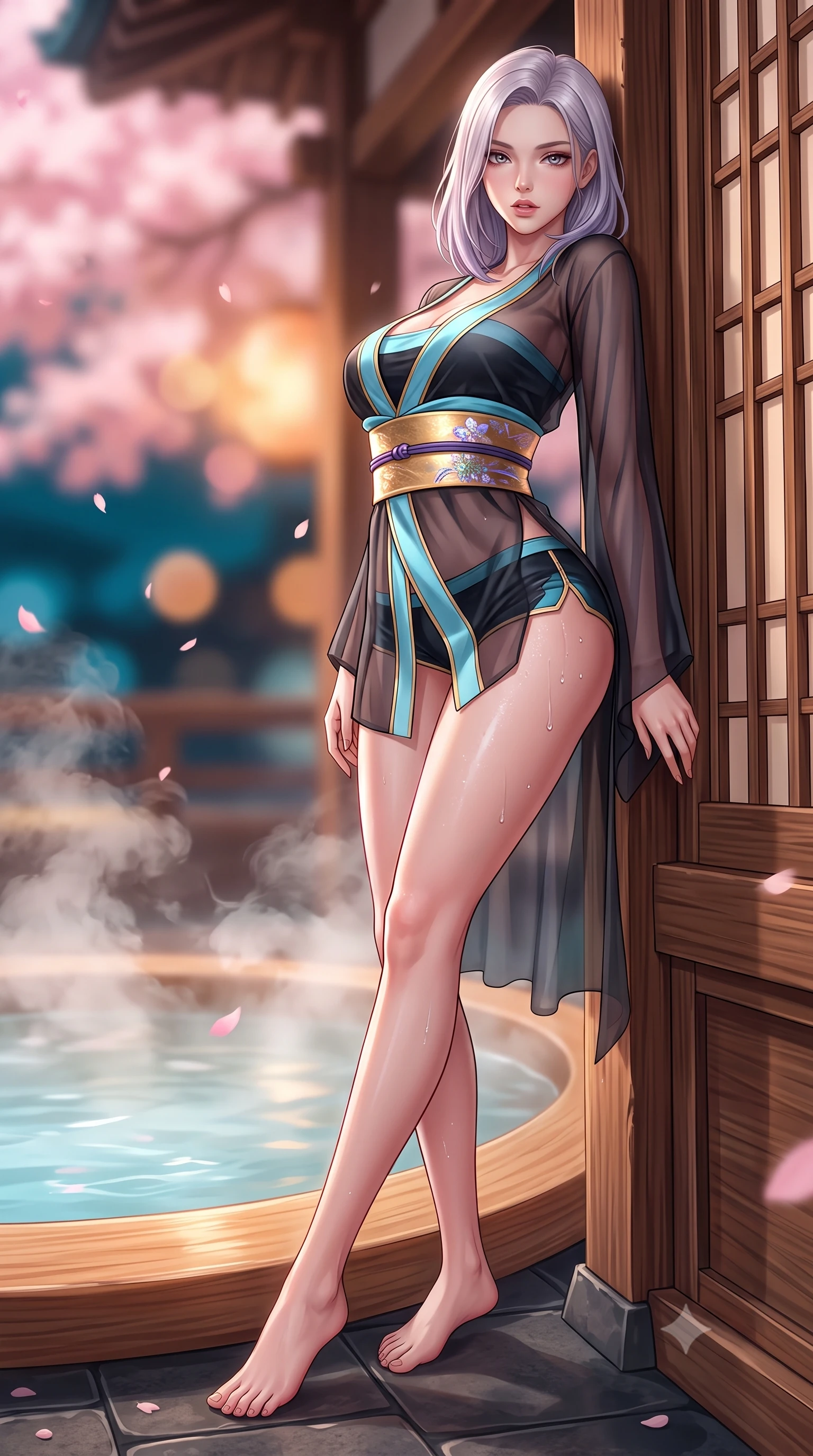 score_9, masterpiece, best quality, ultra-detailed, high-budget anime keyframe, semi-realistic 3D game render, editorial fashion photography, tasteful artistic composition, Caucasian woman. low angle full-body shot from head to toe showing her feet, filling the entire 9:16 vertical frame with her statuesque presence, stretching her vertical silhouette. leaning deep against the structural architecture with hips cocked in an unapologetically bold, seductive high-fashion stance while perching on the smooth hinoki wood rim of a steaming outdoor onsen, water droplets beading on her hip as she glances back with parted lips. The composition keeps background elements in soft focus with creamy bokeh. swirling thermal steam clouds and falling sakura petals blurred into soft blossom-pink, warm amber, and deep cyan bokeh. She has an absolutely perfect, statuesque 8.5-heads proportion, an exceptionally tall and slender model-like female figure with impossibly long slender legs, a toned flat midriff, an ultra-slim waist, and beautifully sculpted feminine hips. sharp v-shaped jawline, high-bridge nose, intricate jewel-like eyes with depth, thick eyelashes, glossy parted lips with a natural sheen, intensely captivating and seductive bedroom-eyes expression, flawlessly proportioned anatomical accuracy, strict slender model proportions, natural body alignment, perfectly sculpted long slender limbs, ultra-slim waistline, clean dynamic posture without body distortion. wearing a sheer chiffon onsen coverup worn over a form-contouring gold-piped bandeau and micro-shorts in dark ink-wash black and radiant moonlight cyan, tailored from crisp ceremonial cotton and multi-layered translucent chiffon, complemented by a wide metallic gold obi sash with holographic floral embroidery, the second-skin form-contouring cut accentuating her sculpted flat midriff, narrow waistline, and dramatically curvy hips without adding bulk. surrounded by an intimate, tranquil, and deeply sensual Japanese skylounge muse aura. highly saturated vibrant anime colors, detailed shading with soft gradients, rich glossy textures, high-contrast stereoscopic depth, volumetric dynamic lighting, master piece, 9:16 ratio
