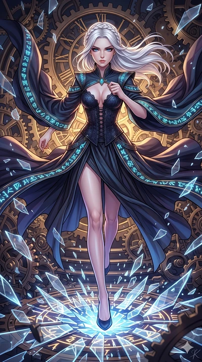 score_9, masterpiece, best quality, ultra-detailed, Set A: High-budget Anime Keyframe, Japanese woman. Low angle cowboy shot filling the entire 9:16 frame with her statuesque presence. Sprinting through a throne of gears, as the ground beneath her tu