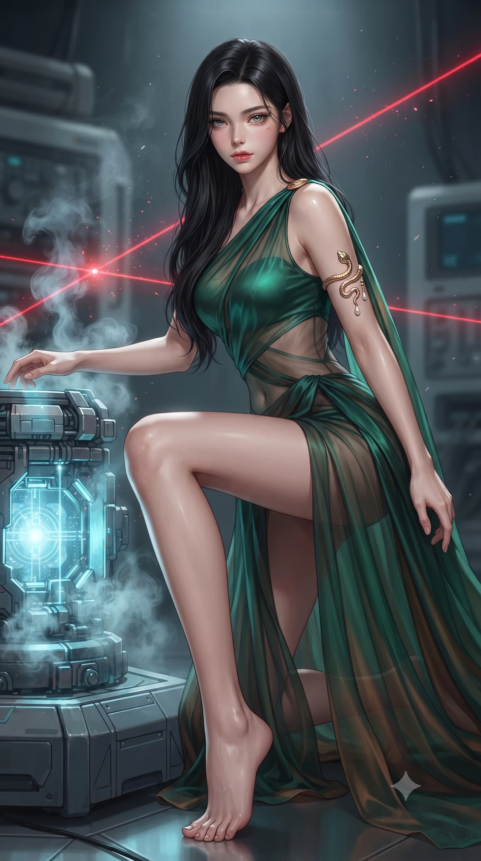score_9, masterpiece, best quality, ultra-detailed, high-budget anime keyframe, editorial fashion photography, tasteful artistic composition, Korean woman. low angle full-body shot from head to toe showing her feet, filling the entire 9:16 vertical frame with her statuesque presence, stretching her vertical silhouette. landing lightly on the balls of her feet in a balanced kinetic stance, eyes locked onto the camera with fearless allure while sliding into a low tactical crouch beside a glowing data core, eyes scanning the perimeter with lethal intelligence. The composition keeps background elements in soft focus with creamy bokeh. cooling vapor wisps and airborne particulate dust catching bright red laser beam motes. She has an absolutely perfect, statuesque 8.5-heads proportion, an exceptionally tall and slender model-like female figure with impossibly long slender legs, a toned flat midriff, and an ultra-slim waist. sharp v-shaped jawline, high-bridge nose, intricate jewel-like eyes with depth, thick eyelashes, glossy lips with a natural sheen, captivating and magnetic expression, flawlessly proportioned anatomical accuracy, strict slender model proportions, natural body alignment, perfectly sculpted long slender limbs, ultra-slim waistline, clean dynamic posture without body distortion. wearing an ethereal emerald-green silk chiffon gown with an asymmetric shoulder drape and sheer layered skirt in deep emerald green and bronze, woven from airy multi-layered silk chiffon with a weightless drape, accented with a sculptured gold serpent armlet and pearl drops edition #18, the precision-cut daring openings accentuating her delicate midriff, graceful bare collarbones, and ultra-slim feminine waistline. illuminated by crisp directional rim lighting sharply carving her ultra-slim waist and sculpted silhouette. ultra-reflective glossy finish, specular highlights, rich textural contrasts, high-contrast stereoscopic depth, volumetric dynamic lighting, 2k, ultra detail, master piece, 9:16 ratio
