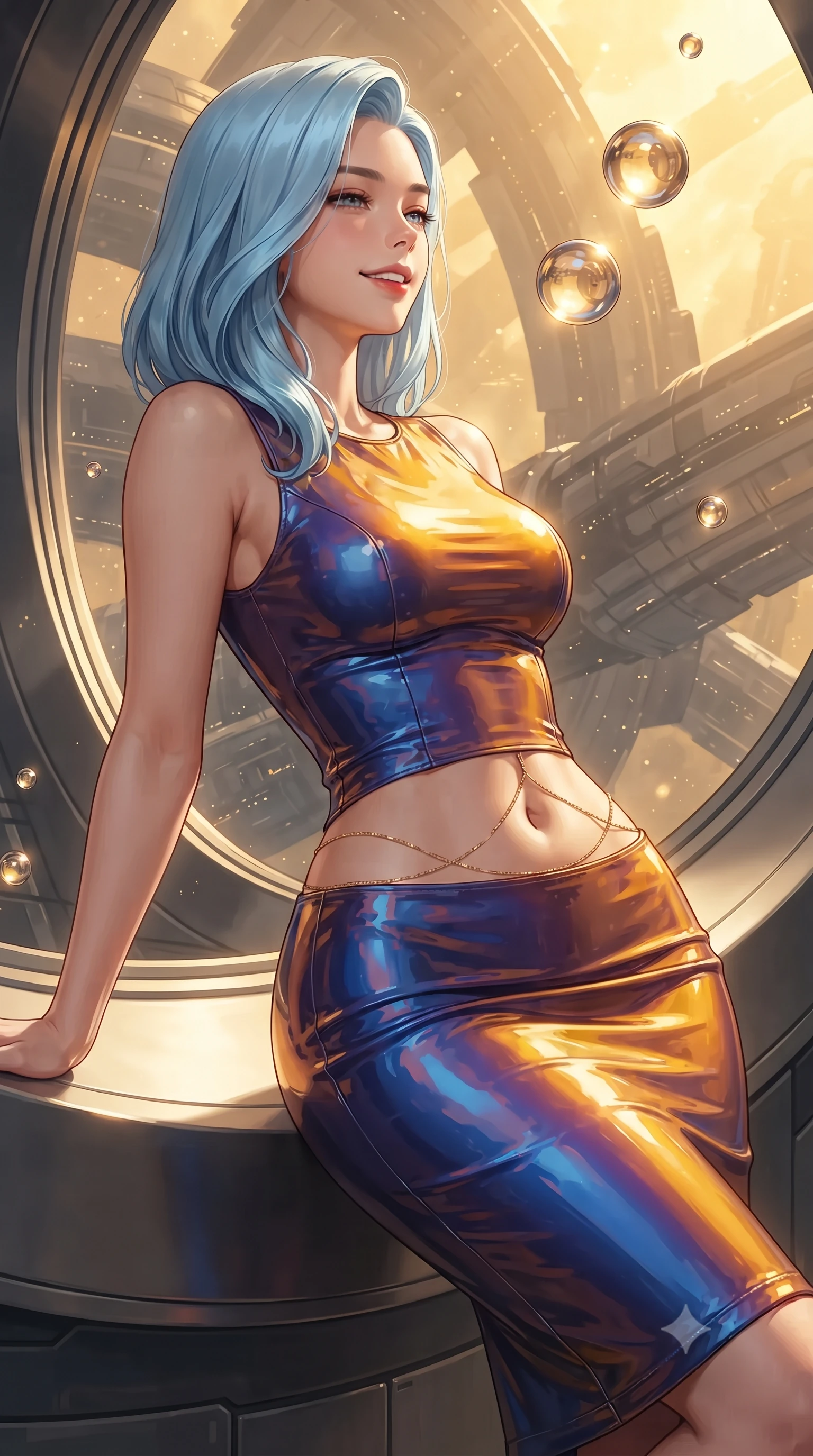 score_9, masterpiece, best quality, ultra-detailed, high-budget anime keyframe, editorial fashion photography, tasteful artistic composition, Korean woman. close-up cowboy shot from the waist and thighs up, the character dominates the composition, filling the frame with her large presence. leaning back against the balustrade with relaxed seductive grace, head tilted back slightly while casting a hypnotic, heavy-lidded gaze while leaning against the curved titanium observation sill with hips cocked back, watching floating zero-gravity liquid mercury spheres with smoldering bedroom-eyes. The surrounding environment is rendered in vivid detail and crisp panoramic clarity: detailed haute-couture texture, sleek metallic sheen, and colossal deep-space engineering in razor-sharp precision. She has an exceptionally elegant, slender, and willowy female figure with an ultra-slim waist, flat toned midriff, narrow ribcage, and sculpted feminine hips creating an alluring, slim hourglass silhouette without bulk. sharp v-shaped jawline, high-bridge nose, intricate jewel-like sparkling eyes with depth, thick eyelashes, glossy parted lips with a natural peach sheen, bright cheerful beaming smile with an enchanting and coquettish sensual glint, exuding both youthful cute charm and seductive allure, flawlessly proportioned anatomical accuracy, strict slender model proportions, natural body alignment, perfectly sculpted long slender limbs, ultra-slim waistline, clean dynamic posture without body distortion. wearing an ultra-sleek high-gloss patent leather sheath dress contouring her ultra-slim waistline and feminine hips in Jovian amber and electric storm cobalt, crafted from bespoke double-faced cashmere with an exceptionally soft tactile finish, accented with a dainty gold belly chain resting across her flat midriff and curving hips, the liquid-tight tailored fabric clinging flawlessly to her narrow waist and rounded feminine hips, emphasizing every millimeter of her sculpted slim hourglass curves without any bulky heaviness. bathed in the blinding warm golden 4000K solar radiance filtered through polarizing quantum smart-glass. ultra-reflective glossy finish, specular highlights, rich textural contrasts, high-contrast stereoscopic depth, volumetric dynamic lighting, 2k, ultra detail, master piece, 9:16 ratio
