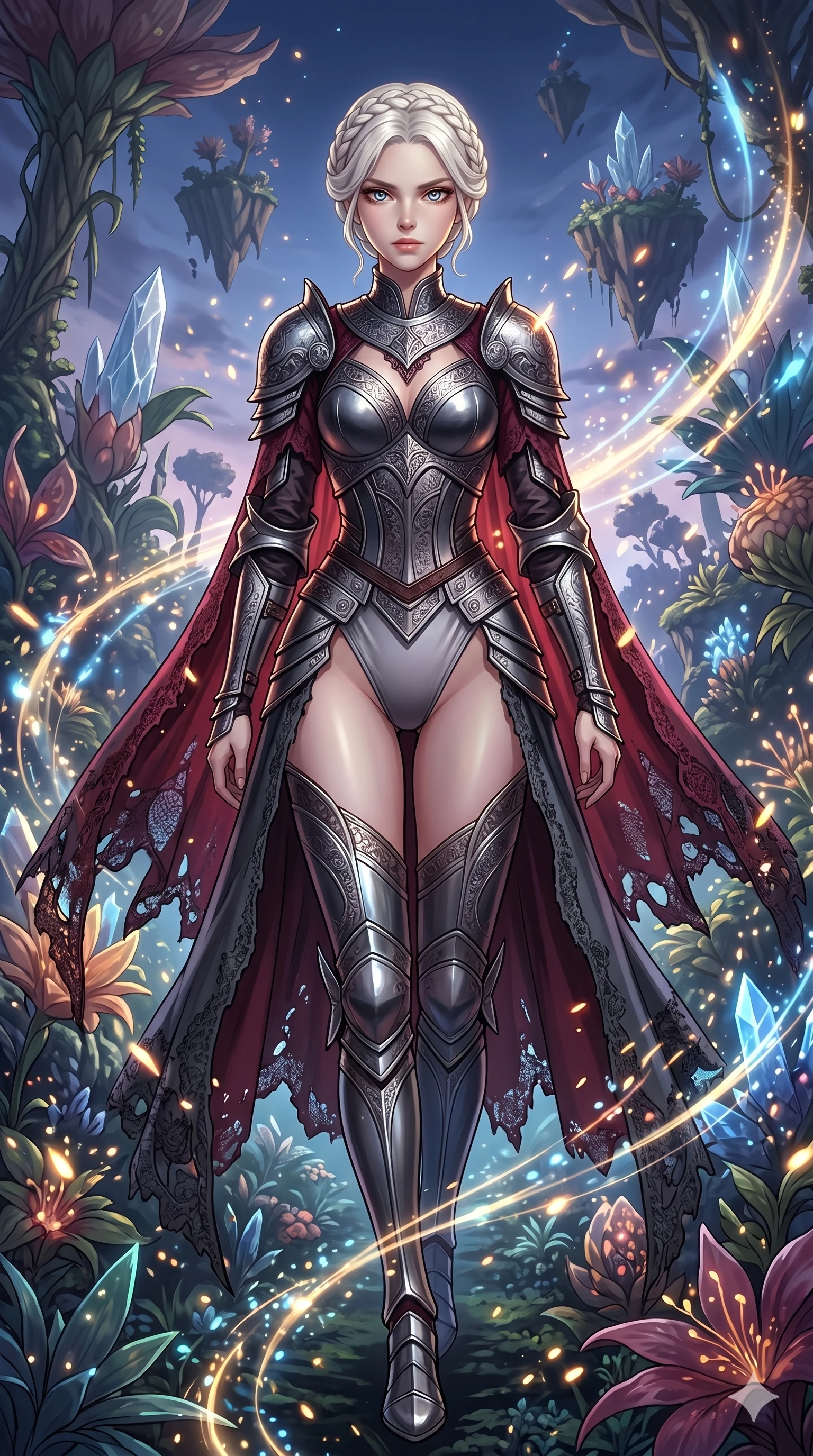 score_9, masterpiece, best quality, ultra-detailed, Set A: High-budget Anime Keyframe, Korean woman. Upper body close-up from the thighs up, character filling the screen for maximum presence. Walking gracefully through a floating botanical garden, with a look of intense determination reflecting the fires of 217 and surrounded by glowing energy sparks. She has an absolutely perfect 8-heads proportion, an exceptionally tall and slender female figure with impossibly long slender legs and an ultra-slim waist. Sharp v-shaped jawline, high-bridge nose, intricate jewel-like eyes with depth, thick eyelashes, glossy lips with a natural sheen. Wearing Warrior-style plate armor over a high-cut silk leotard with tattered lace capes. Cinematic lighting, vibrant colors, dramatic shadows, 2k, ultra detail, master piece, 9:16 ratio
