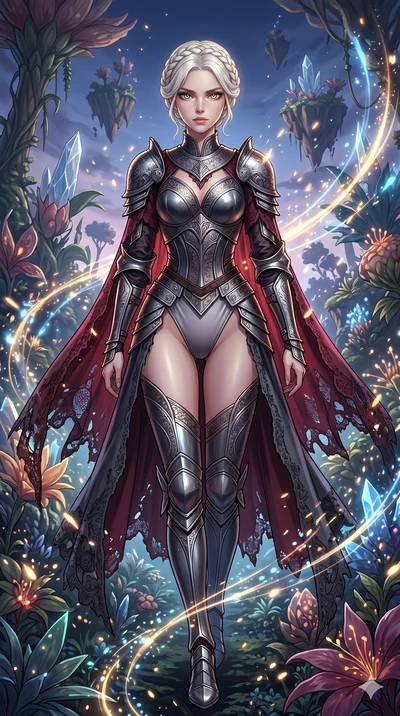 score_9, masterpiece, best quality, ultra-detailed, Set A: High-budget Anime Keyframe, Korean woman. Upper body close-up from the thighs up, character filling the screen for maximum presence. Walking gracefully through a floating botanical garden, wi