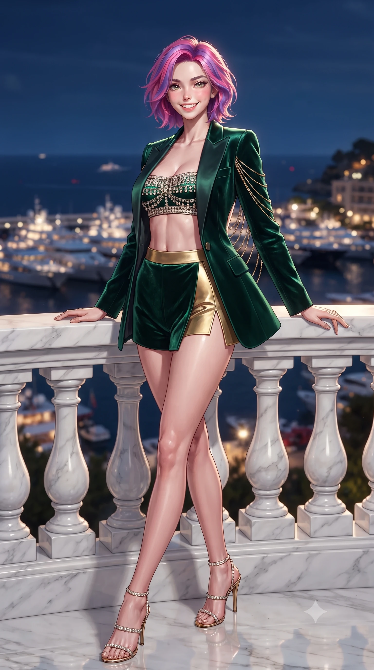 score_9, masterpiece, best quality, ultra-detailed, high-budget anime keyframe, editorial fashion photography, tasteful artistic composition, Caucasian woman. low angle full-body shot from head to toe showing her feet, filling the entire 9:16 vertical frame with her statuesque presence, stretching her vertical silhouette. lounging on the lavish daybed with legs crossed and hips angled toward the camera, displaying her toned midriff and long slender limbs with effortless siren poise while standing poised on the polished white marble balustrade overlooking illuminated Mediterranean yachts, arching her lower back with magnetic aristocratic seduction. The background shows a soft-focus glittering Mediterranean sea horizon softened in exclusive Monte Carlo nocturnal glamour shallow focus. She has an exceptionally tall and slender model-like 8.5-heads proportion, an ultra-slim waist, a flat toned midriff, narrow delicate ribcage, and beautifully sculpted feminine hips creating a graceful, slim hourglass silhouette without any bulky heaviness, with impossibly long slender legs. sharp v-shaped jawline, high-bridge nose, intricate jewel-like sparkling eyes with depth, thick eyelashes, glossy parted lips with a natural peach sheen, bright cheerful beaming smile with an enchanting and coquettish sensual glint, exuding both youthful cute charm and seductive allure, flawlessly proportioned anatomical accuracy, strict slender model proportions, natural body alignment, perfectly sculpted long slender limbs, ultra-slim waistline, clean dynamic posture without body distortion. wearing a modern tailored open-front smoking jacket blazer worn over a jeweled bandeau crop top and high-waisted tailored micro-shorts in Monte Carlo casino emerald green and polished brass, tailored from ultra-plush silk velvet with rich tactile depth and deep shadow gradients, accented with an open-back drape framed by falling strands of delicate gold chains, the high-slit wrap tailoring accentuating her ultra-slim waistline and the enchanting curve of her feminine hips with alluring seductive charm. illuminated by terrace marble reflection bounce and sharp platinum-gold rim lights sculpting her razor-sharp jawline, narrow waist, and curvy hips. ultra-reflective glossy finish, specular highlights, rich textural contrasts, high-contrast stereoscopic depth, volumetric dynamic lighting, 2k, ultra detail, master piece, 9:16 ratio