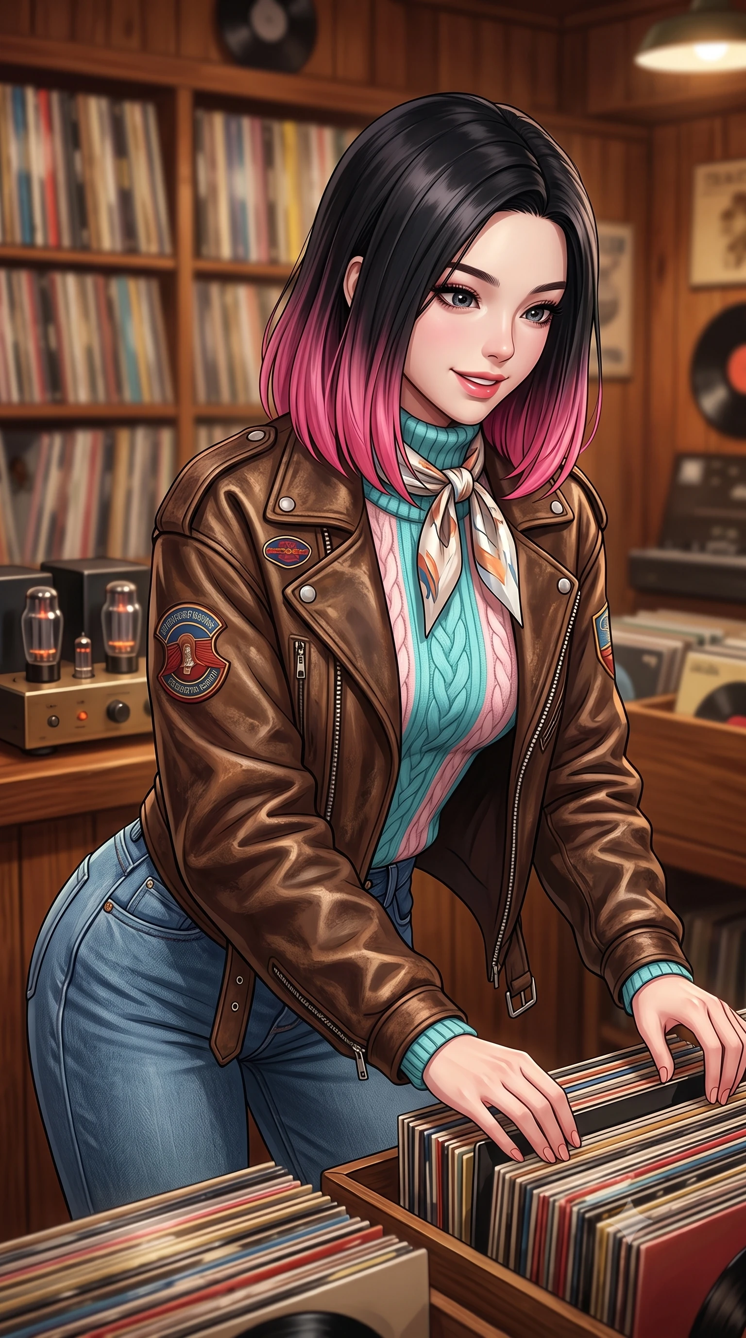 score_9, masterpiece, best quality, ultra-detailed, high-budget anime keyframe, semi-realistic 3D game render, editorial fashion photography, tasteful artistic composition, Korean woman. close-up cowboy shot from the waist and thighs up, the character dominates the composition, filling the frame with her large presence. leaning forward with playful, captivating grace, her sculpted collarbones and slender neckline highlighted by directional light while browsing through crates of vintage vinyl records in a cozy, wood-paneled record shop with a fascinated, sweet smile. The composition keeps background elements in soft focus with creamy bokeh. walls of vintage vinyl record spines and glowing vacuum tube amplifiers blurred into rich mahogany, amber, and whiskey-gold bokeh. She has an exceptionally elegant, slender, and willowy female figure with an ultra-slim waist, a gracefully sculpted slender torso, toned flat midriff, and a refined slim silhouette. sharp v-shaped jawline, high-bridge nose, intricate jewel-like eyes with depth, thick eyelashes, glossy lips with a natural sheen, captivating and magnetic expression, flawlessly proportioned anatomical accuracy, strict slender model proportions, natural body alignment, perfectly sculpted long slender limbs, ultra-slim waistline, clean dynamic posture without body distortion. wearing an iconic oversized vintage brown leather biker jacket worn over a snug ribbed turtleneck and high-rise mom jeans in retro turquoise, baby pink, and white, knitted from soft cozy lambswool yarn with cable-knit textures, complemented by a delicate silk scarf tied playfully around her neck, the liquid-tight tailored fabric emphasizing every curve of her tall, slender model proportions and sculptured silhouette during dynamic movement. illuminated by soft directional key light defining her high-bridge nose, glossy lips, and slender neckline. highly saturated vibrant anime colors, detailed shading with soft gradients, rich glossy textures, high-contrast stereoscopic depth, volumetric dynamic lighting, master piece, 9:16 ratio