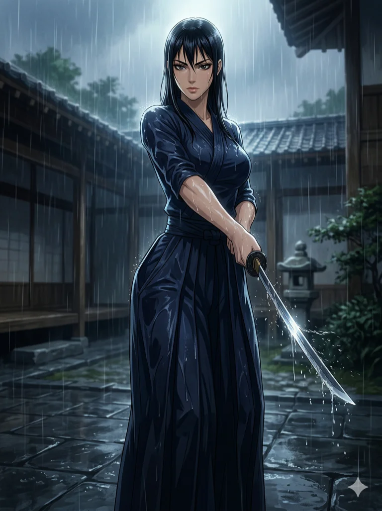 score_9, masterpiece, best quality, ultra-detailed, highend animation style, an incredibly beautiful Japanese woman. Low angle cowboy shot filling the frame. She is a kendo master in a raining courtyard, her blade cutting through raindrops with perfect precision. She has an absolutely perfect 8-heads proportion, an exceptionally tall female figure with long slender legs and a slim-fit toned body. Her face is a highly detailed masterpiece featuring a v-shaped jawline, high-bridge nose, intricate jewel-like eyes, thick eyelashes, and glossy lips. She has raven black flowing hair wet from the rain. She is wearing a tight-fitting wet sheer fabric training suit, highlighting her alluring silhouette. Water droplets perfectly rendered on her skin, dramatic rim lighting, radiant glowing skin, cinematic dynamic light, 2k, ultra detail, master piece, 3:4 ratio