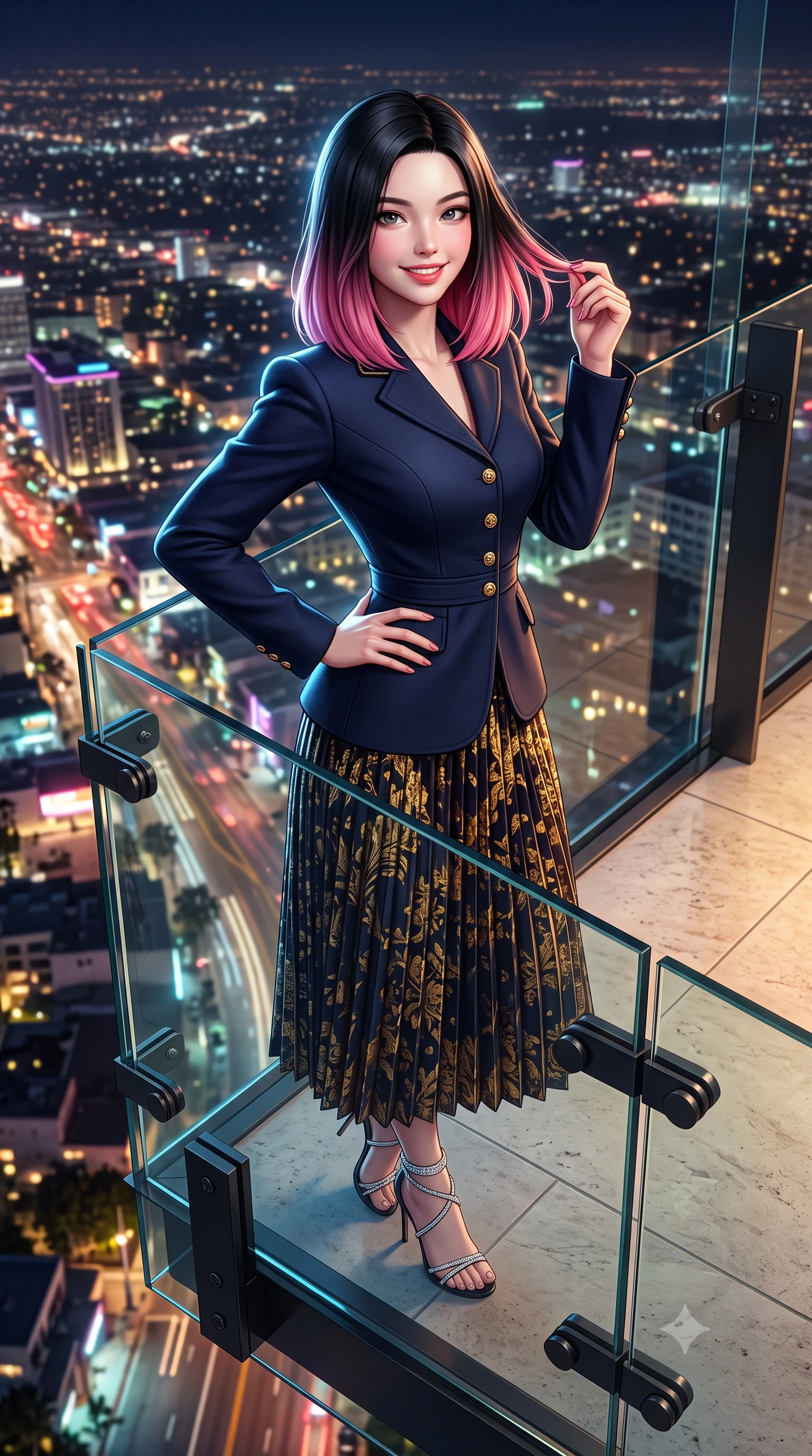 score_9, masterpiece, best quality, ultra-detailed, high-budget anime keyframe, semi-realistic 3D game render, editorial fashion photography, tasteful artistic composition, Korean woman. close-up cowboy shot from the waist and thighs up, the character dominates the composition, filling the frame with her large presence. twisting her slender torso in an alluring contrapposto stance, one hand resting on her sculpted hip while her fingers toy with her hair with effortless poise while standing poised at the edge of the cantilevered glass balcony suspended high above Sunset Strip, arching her lower back as millions of city lights glitter below. The surrounding environment is rendered in vivid detail and crisp panoramic clarity: sharp frameless glass railing edge bevels, honed limestone floor joints, and blackened metal structural brackets in deep focus. She has an exceptionally elegant, slender, and willowy female figure with an ultra-slim waist, flat toned midriff, narrow ribcage, and sculpted feminine hips creating an alluring, slim hourglass silhouette without bulk. sharp v-shaped jawline, high-bridge nose, intricate jewel-like sparkling eyes with depth, thick eyelashes, glossy parted lips with a natural peach sheen, bright cheerful beaming smile with an enchanting and coquettish sensual glint, exuding both youthful cute charm and seductive allure, flawlessly proportioned anatomical accuracy, strict slender model proportions, natural body alignment, perfectly sculpted long slender limbs, ultra-slim waistline, clean dynamic posture without body distortion. wearing a tailored navy wool equestrian riding blazer paired with a pleated midi skirt in Viennese golden secession noir and imperial 24k gold leaf, woven from structured British tweed with subtle metallic flecks, complemented by strappy stiletto sandals with crystal ankle wraps accentuating her slender calves, the impeccably tailored cut draping gracefully along her slender figure with aristocratic poise. illuminated by city glow upward fill and sharp platinum rim lights sculpting her features, flat midriff, and curvaceous hips. highly saturated vibrant anime colors, detailed shading with soft gradients, rich glossy textures, high-contrast stereoscopic depth, volumetric dynamic lighting, master piece, 9:16 ratio