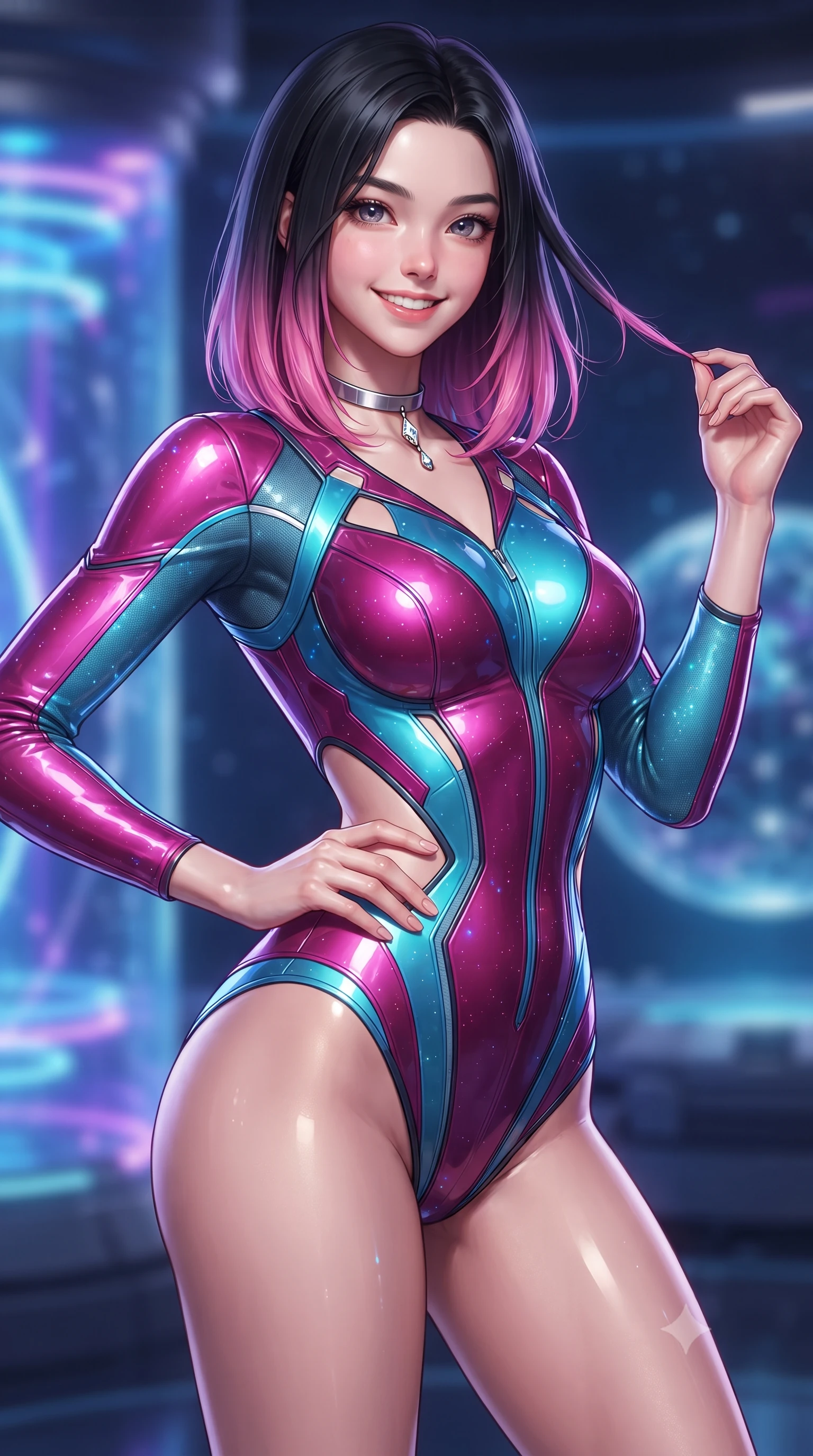 score_9, masterpiece, best quality, ultra-detailed, high-budget anime keyframe, editorial fashion photography, tasteful artistic composition, Korean woman. close-up cowboy shot from the waist and thighs up, the character dominates the composition, filling the frame with her large presence. twisting her slender torso in an alluring contrapposto stance, one hand resting on her sculpted hip while her fingers toy with her hair with effortless poise while twisting her slender torso in an alluring contrapposto stance, deep sapphire ion glows and starry space casting celestial reflections across her narrow waist and hips. The background shows a soft-focus containment field hum softened in high-tech navigation sphere shallow focus. She has an exceptionally elegant, slender, and willowy female figure with an ultra-slim waist, flat toned midriff, narrow ribcage, and sculpted feminine hips creating an alluring, slim hourglass silhouette without bulk. sharp v-shaped jawline, high-bridge nose, intricate jewel-like sparkling eyes with depth, thick eyelashes, glossy parted lips with a natural peach sheen, bright cheerful beaming smile with an enchanting and coquettish sensual glint, exuding both youthful cute charm and seductive allure, flawlessly proportioned anatomical accuracy, strict slender model proportions, natural body alignment, perfectly sculpted long slender limbs, ultra-slim waistline, clean dynamic posture without body distortion. wearing a sleek second-skin cyber-pilot bodysuit with high-gloss patent leather panels accentuating her ultra-slim waistline in Shinjuku acid-rain magenta and cyan neon, tailored from high-density tech-wool with subtle metallic thread weave, finished with a minimalist chrome choker and a single teardrop diamond pendant, the form-contouring silhouette accentuating her sculpted flat midriff, narrow delicate ribcage, and gracefully curvy hips with intoxicating allure. bathed in the glowing monochromatic radiance of electric-sapphire ion plasma mixed with warm 2800K console edge lights. ultra-reflective glossy finish, specular highlights, rich textural contrasts, high-contrast stereoscopic depth, volumetric dynamic lighting, 2k, ultra detail, master piece, 9:16 ratio