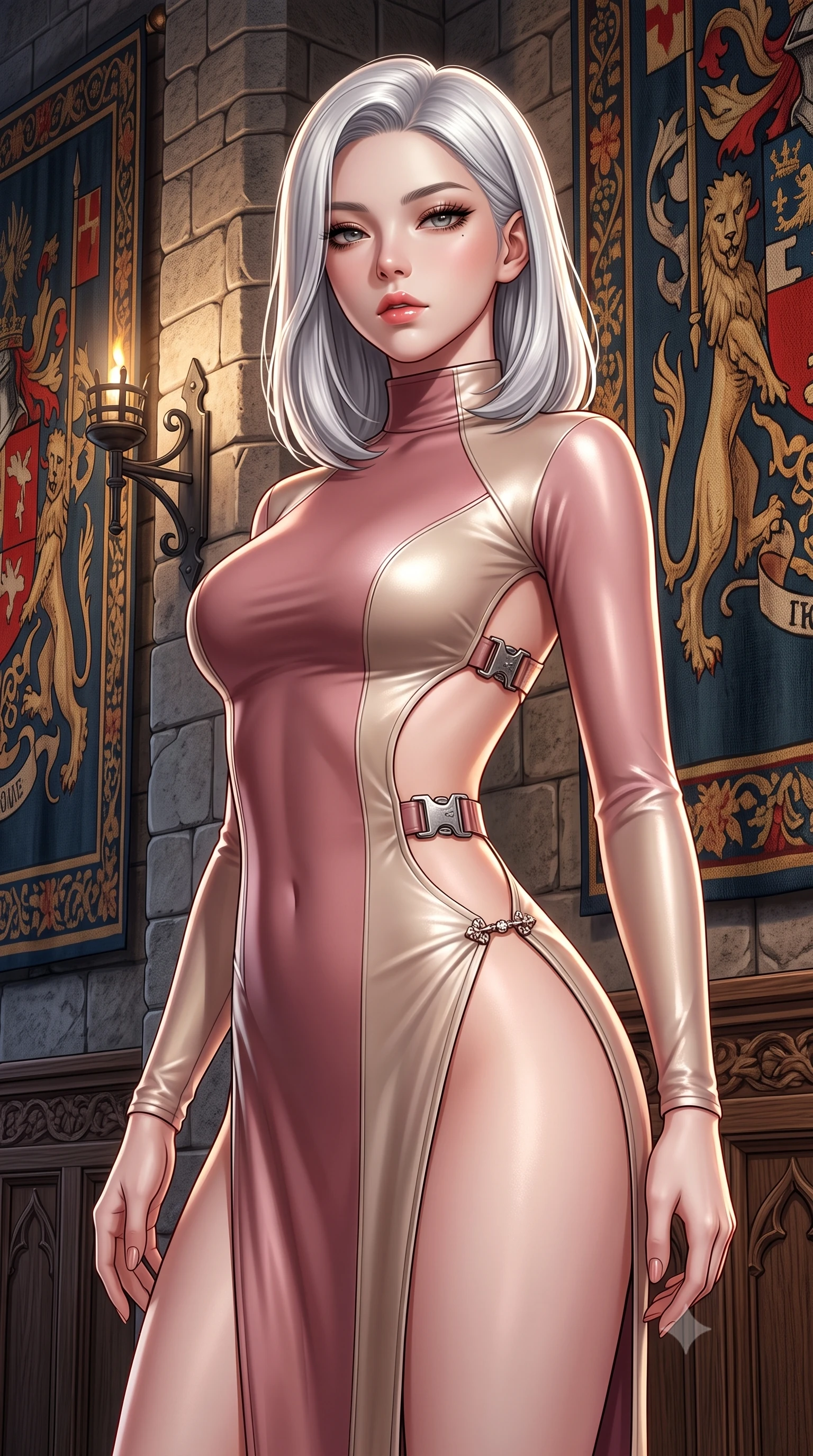 score_9, masterpiece, best quality, ultra-detailed, high-budget anime keyframe, semi-realistic 3D game render, editorial fashion photography, tasteful artistic composition, Korean woman. close-up cowboy shot from the waist and thighs up, the character dominates the composition, filling the frame with her large presence. leaning back with relaxed seductive grace, her sculpted collarbones and narrow waist highlighted as she casts smoldering bedroom-eyes directly into the camera while standing poised between towering medieval armorial tapestries, twisting her slender torso in a deep contrapposto stance with smoldering bedroom-eyes. The surrounding environment is rendered in vivid detail and crisp panoramic clarity. sharp aged castle masonry grain, wrought-iron wall sconces, and carved oak wood textures in deep focus. She has an exceptionally elegant, slender, and willowy female figure with an ultra-slim waist, flat toned midriff, narrow ribcage, and sculpted feminine hips creating an alluring, slim hourglass silhouette without bulk. sharp v-shaped jawline, high-bridge nose, intricate jewel-like eyes with depth, thick eyelashes, glossy parted lips with a natural sheen, intensely captivating and seductive bedroom-eyes expression, flawlessly proportioned anatomical accuracy, strict slender model proportions, natural body alignment, perfectly sculpted long slender limbs, ultra-slim waistline, clean dynamic posture without body distortion. wearing a high-collar speedsuit featuring bold side-torso cutouts and quick-release titanium buckles in dusky blush rose and shimmering champagne shimmer, tailored from liquid silk jersey adhering flawlessly to her slender build, finished with an ultra-high side slit secured by miniature jeweled clasps, the glove-like aerodynamic silhouette tightly following the natural contour of her hips and long slender legs with statuesque 8.5-heads elegance. illuminated by crisp directional rim lighting sharply carving her razor-sharp jawline, narrow waist, and curvy hips. highly saturated vibrant anime colors, detailed shading with soft gradients, rich glossy textures, high-contrast stereoscopic depth, volumetric dynamic lighting, master piece, 9:16 ratio