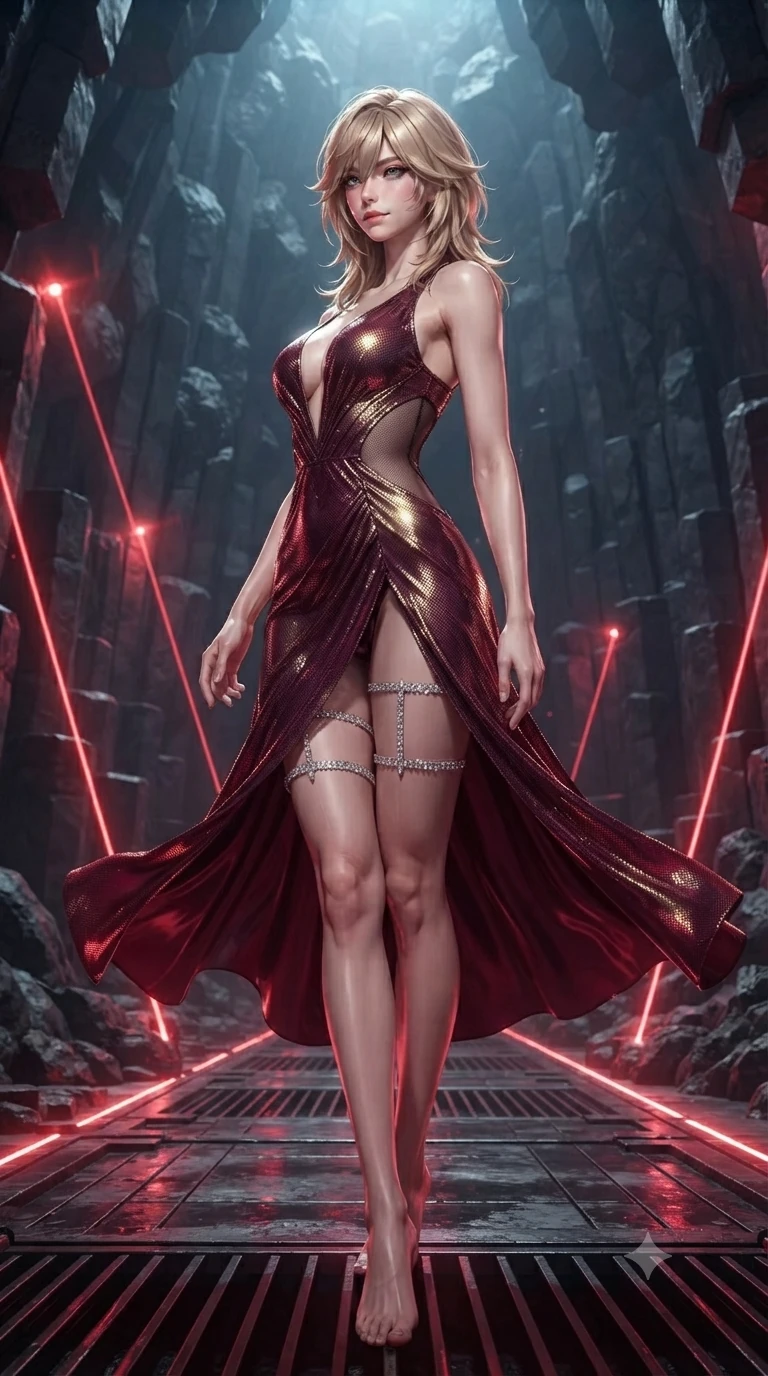 score_9, masterpiece, best quality, ultra-detailed, high-budget anime keyframe, editorial fashion photography, tasteful artistic composition, Japanese woman. low angle full-body shot from head to toe showing her feet, filling the entire 9:16 vertical frame with her statuesque presence, stretching her vertical silhouette. executing a slow, elegant turn as her liquid gown flutters around her slender legs, glancing over her shoulder with an intoxicating bedroom-gaze while stepping down from column to column with feline poise, her long slender legs and curvy hips commanding the volcanic geometry. The surrounding environment is rendered in vivid detail and crisp panoramic clarity: sharp hexagonal column joint seams, natural volcanic rock micro-textures, and glowing floor grille lines in deep focus. She has an absolutely perfect, statuesque 8.5-heads proportion, an exceptionally tall and slender model-like female figure with impossibly long slender legs, an ultra-slim waist, a flat toned midriff, narrow delicate ribcage, and beautifully sculpted feminine hips creating a graceful, slim hourglass silhouette without any bulky heaviness. sharp v-shaped jawline, high-bridge nose, intricate jewel-like dark sparkling eyes with hypnotic seductive depth, thick curled eyelashes, glossy parted lips with a natural wine sheen, alluring bedroom-eyes with an enigmatic smoldering smile, exuding magnetic sovereign charisma and dark avant-garde glamour, flawlessly proportioned anatomical accuracy, strict slender model proportions, natural body alignment, perfectly sculpted long slender limbs, ultra-slim waistline, clean dynamic posture without body distortion. wearing an alluring plunging sweetheart bodice dress with sheer mesh side-waist cutouts contouring her ribs in deep wine burgundy and lustrous gold foil, crafted from stretch micro-mesh with metallic foil coating that shimmers in the laser light, finished with delicate crystal-encrusted thigh garter straps glinting in the laser glare, accentuating her gracefully sculpted slender torso and statuesque proportions. bathed in sharp crimson laser floor uplights cutting through cold cavern shadows. ultra-reflective glossy finish, specular highlights, metallic sheen, high-contrast stereoscopic depth, volumetric dynamic lighting, 2k, ultra detail, master piece, 9:16 ratio