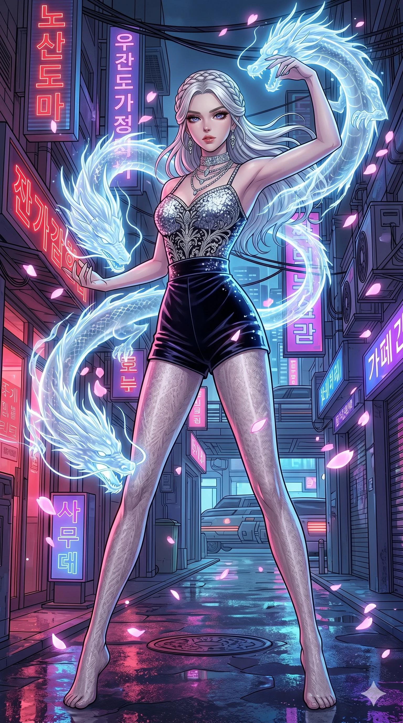 score_9, masterpiece, best quality, ultra-detailed, high-budget anime movie keyframe, cinematic anime lighting, intricate line art, Korean anime girl. Low angle cowboy shot filling the entire 9:16 frame with her statuesque presence. summoning mystical spirits in a neon-lit cyberpunk alleyway with digital sakura petals. She has an absolutely perfect 8-heads proportion, an exceptionally tall and slender female figure with an ultra-slim waist and impossibly long slender legs. sharp v-shaped jawline, high-bridge nose, intricate jewel-like eyes, thick eyelashes, glossy lips. Wearing luxurious K-pop idol stage outfit featuring a sparkling sequined bodice, velvet shorts, and elegant tights, accessorized with crystal chokers. The scene is illuminated by dramatic atmospheric lighting and vibrant color palettes. 2k, ultra detail, master piece, 9:16 ratio
