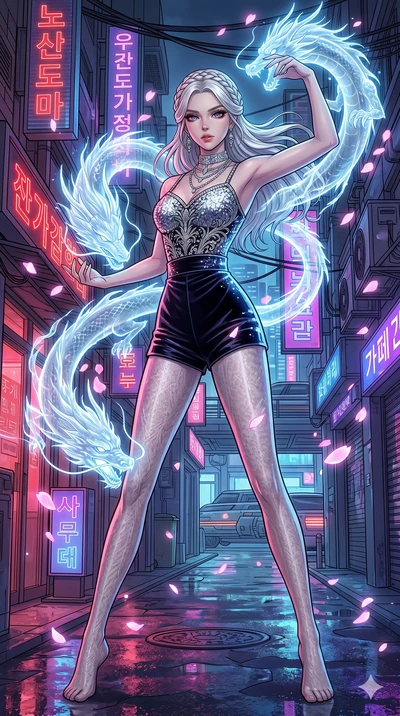 score_9, masterpiece, best quality, ultra-detailed, high-budget anime movie keyframe, cinematic anime lighting, intricate line art, Korean anime girl. Low angle cowboy shot filling the entire 9:16 frame with her statuesque presence. summoning mystica
