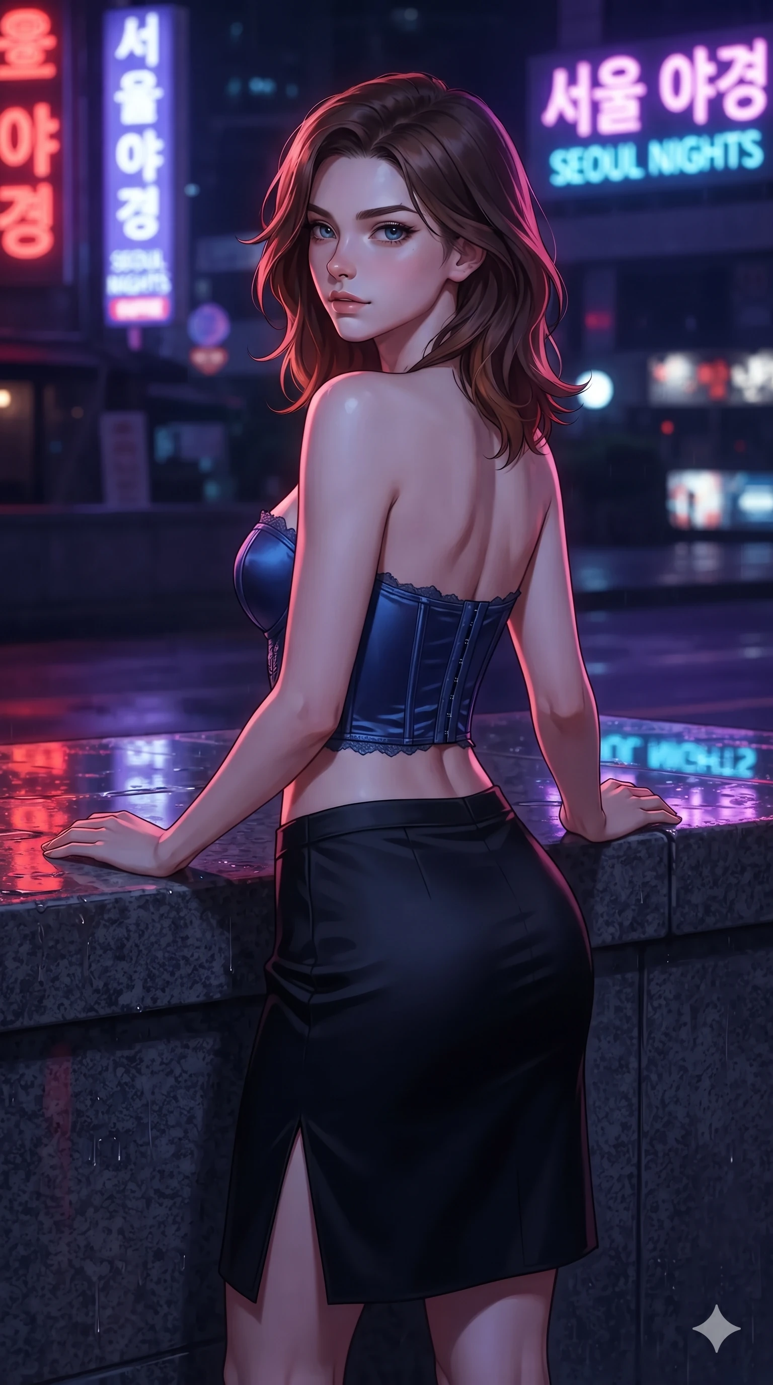 score_9, masterpiece, best quality, ultra-detailed, high-budget anime keyframe, editorial fashion photography, tasteful artistic composition, Korean woman. close-up cowboy shot from the waist and thighs up, the character dominates the composition, filling the frame with her large presence. posing in an alluring rear three-quarter angle, looking over a bare shoulder with parted glossy lips, her hips cocked back to highlight her slim hourglass curve while standing tall and poised against the granite river parapet, arching her lower back with sovereign supermodel grace as river mist catches the neon glow. The surrounding environment is rendered in vivid detail and crisp panoramic clarity: detailed wet-look silk wrap tailoring, fine mesh cutouts, and futuristic esplanade architecture in razor-sharp clarity. She has an exceptionally elegant, slender, and willowy female figure with an ultra-slim waist, flat toned midriff, narrow ribcage, and sculpted feminine hips creating an alluring, slim hourglass silhouette without bulk. sharp v-shaped jawline, high-bridge nose, intricate jewel-like sparkling eyes with depth, thick eyelashes, glossy parted lips with a natural sheen, intensely captivating and seductive bedroom-eyes expression, exuding both youthful cute charm and sovereign luxury allure, flawlessly proportioned anatomical accuracy, strict slender model proportions, natural body alignment, perfectly sculpted long slender limbs, ultra-slim waistline, clean dynamic posture without body distortion. wearing a sculpted matte satin underwire crop corset with lace-up side ties paired with a low-rise micro skirt in cosmic eclipse amber and starlight diamond, crafted from bespoke double-faced cashmere with an exceptionally soft tactile finish, finished with an ultra-high side slit secured by miniature jeweled clasps, the precision-cut side openings and low-back scoop framing her graceful spine and the sensual sweep of her slim, toned hips. illuminated by rain puddle bounce and sharp scarlet-violet rim lights sculpting her razor-sharp jawline, narrow waist, and curvy hips. ultra-reflective glossy finish, specular highlights, rich textural contrasts, high-contrast stereoscopic depth, volumetric dynamic lighting, 2k, ultra detail, master piece, 9:16 ratio