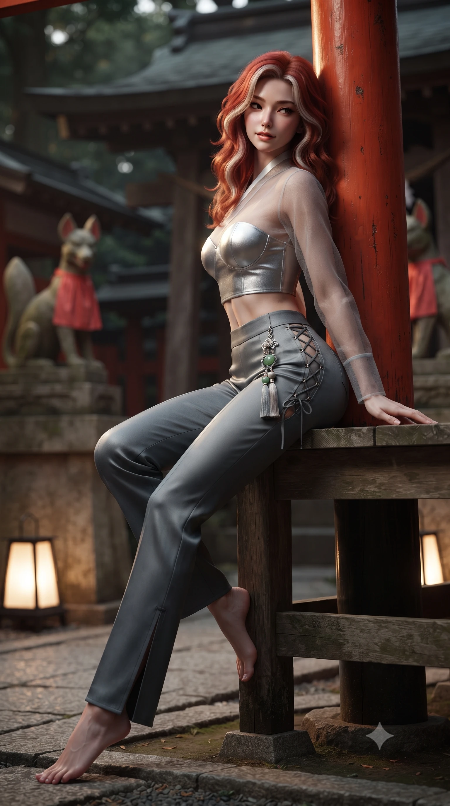score_9, masterpiece, best quality, ultra-detailed, high-budget anime keyframe, editorial fashion photography, tasteful artistic composition, Caucasian woman. low angle full-body shot from head to toe showing her feet, filling the entire 9:16 vertical frame with her statuesque presence, stretching her vertical silhouette. sitting perched on the elevated pavilion terrace edge with legs crossed and hips angled toward the camera, displaying her toned midriff and long slender limbs with joyful, coquettish charm while leaning against a vermilion wooden gate post with hips cocked back, looking back over a bare shoulder with a dangerous, smoldering half-smile. The background shows a soft-focus stone fox guardian statues draped in red votive cloths softened in mystical Shinto shallow focus. She has an absolutely perfect, statuesque 8.5-heads proportion, an exceptionally tall and slender model-like female figure with impossibly long slender legs, an ultra-slim waist, a flat toned midriff, narrow delicate ribcage, and beautifully sculpted feminine hips creating a graceful, slim hourglass silhouette without any bulky heaviness. sharp v-shaped jawline, high-bridge nose, intricate jewel-like dark sparkling almond eyes with depth, thick lashes, glossy parted lips with a natural rose-plum sheen, bright alluring and coquettish smile with bedroom-eyes, exuding both timeless oriental elegance and sovereign high-fashion allure, flawlessly proportioned anatomical accuracy, strict slender model proportions, natural body alignment, perfectly sculpted long slender limbs, ultra-slim waistline, clean dynamic posture without body distortion. wearing a sheer technical mesh and silk hanbok blouse worn over a sculpted sweetheart bustier with high-waisted tailored silk trousers in misty ink-wash slate grey and liquid silver, woven from metallic gold and silver thread casting subtle starlight glints, finished with an ornate modern norigae tassel with polished jade and chrome charms resting on her curvy hips, the precision-cut side hip slits and low-back scoop framing her graceful spine and the sensual sweep of her slim, toned hips. illuminated by low pathway lanterns and sharp ruby-gold rim lights defining her razor-sharp jawline, narrow waist, and curvy hips. ultra-reflective glossy finish, specular highlights, rich textural contrasts, high-contrast stereoscopic depth, volumetric dynamic lighting, 2k, ultra detail, master piece, 9:16 ratio