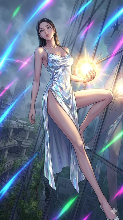 score_9, masterpiece, best quality, ultra-detailed, Set A: High-budget Anime Keyframe, Korean woman. Low angle cowboy shot filling the entire 9:16 frame with her statuesque presence. Theme: Ethereal Dream. sliding down a glass skyscraper in a ruined 