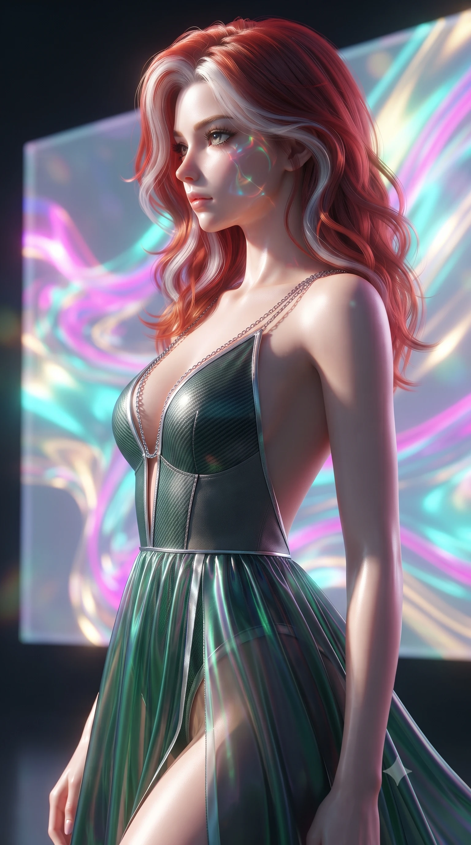 score_9, masterpiece, best quality, ultra-detailed, high-budget anime keyframe, editorial fashion photography, tasteful artistic composition, Caucasian woman. close-up cowboy shot from the waist and thighs up, the character dominates the composition, filling the frame with her large presence, background elements kept in soft focus. Turning her face in sharp dramatic profile against the bright light, showcasing her sharp v-shaped jawline poised before a giant holographic canvas emitting luminous color arcs, swirling ribbons of magenta, turquoise, and gold liquid paint in zero-gravity. She has an exceptionally elegant, slender, and willowy female figure with an ultra-slim waist, a gracefully sculpted slender torso, and a refined silhouette. sharp v-shaped jawline, high-bridge nose, intricate jewel-like eyes with depth, thick eyelashes, glossy lips with a natural sheen. wearing a translucent iridescent chiffon gown with a plunging neckline and open back in deep emerald green and silver accent, made of fine carbon-fiber weave and soft matte leather, adorned with delicate metallic chain straps along the neckline, the sleek second-skin texture accentuating her magnetic presence. bathed in high-contrast vibrant studio lighting with sharp specular highlights. ultra-reflective glossy finish, specular highlights, metallic sheen, high-contrast stereoscopic depth, volumetric dynamic lighting, 2k, ultra detail, master piece, 9:16 ratio
