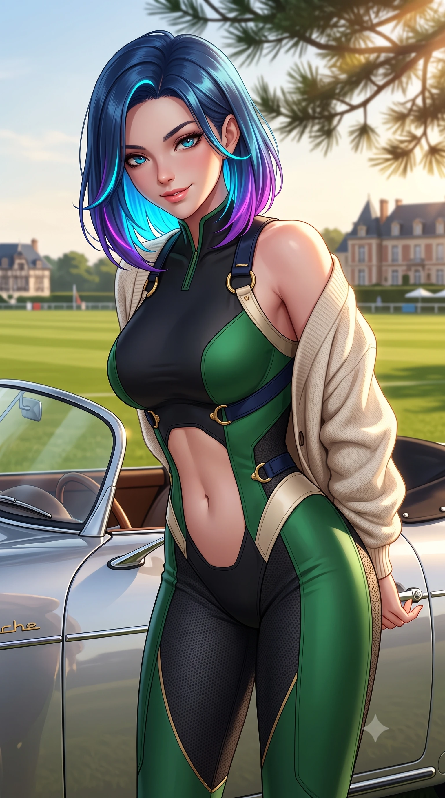 score_9, masterpiece, best quality, ultra-detailed, high-budget anime keyframe, semi-realistic 3D game render, editorial fashion photography, tasteful artistic composition, Caucasian woman. close-up cowboy shot from the waist and thighs up, the character dominates the composition, filling the frame with her large presence. resting both hands lightly behind her back while leaning toward the lens with a cheerful, teasing grin, her form-fitting athletic suit hugging her narrow waist and hip curve while standing beside the tiny windshield of a classic silver Porsche 356 Speedster on the green polo lawn, arching her back with effortless French chic. The surrounding environment is rendered in vivid detail and crisp panoramic clarity: detailed piqué polo knit weave, sun-kissed skin glow, and French coastal architecture in razor-sharp precision. She has an exceptionally elegant, slender, and willowy female figure with an ultra-slim waist, flat toned midriff, narrow ribcage, and sculpted feminine hips creating an alluring, slim hourglass silhouette without bulk. sharp v-shaped jawline, high-bridge nose, sparkling eyes with athletic focus and depth, thick curled eyelashes, glossy parted lips with a natural coral-peach sheen, bright confident and coquettish smile with alluring bedroom-eyes, exuding both youthful sporty vigor and sovereign high-society glamour, flawlessly proportioned anatomical accuracy, strict slender model proportions, natural body alignment, perfectly sculpted long slender limbs, ultra-slim waistline, clean dynamic posture without body distortion. wearing a high-performance speeder racing suit in matte black and Wimbledon green with gold hardware rings in Monaco navy blue and cream champagne gold, woven from semi-opaque performance athletic mesh with hexagonal micro-perforations, complemented by an oversized cashmere knit cardigan slipping off one bare shoulder, the liquid-tight tailored fabric clinging flawlessly to her narrow waist and rounded feminine hips, emphasizing every millimeter of her sculpted slim hourglass curves without any bulky heaviness. bathed in horizontal late-afternoon golden hour sunbeams filtering through pine needles. highly saturated vibrant anime colors, detailed shading with soft gradients, rich glossy textures, high-contrast stereoscopic depth, volumetric dynamic lighting, master piece, 9:16 ratio