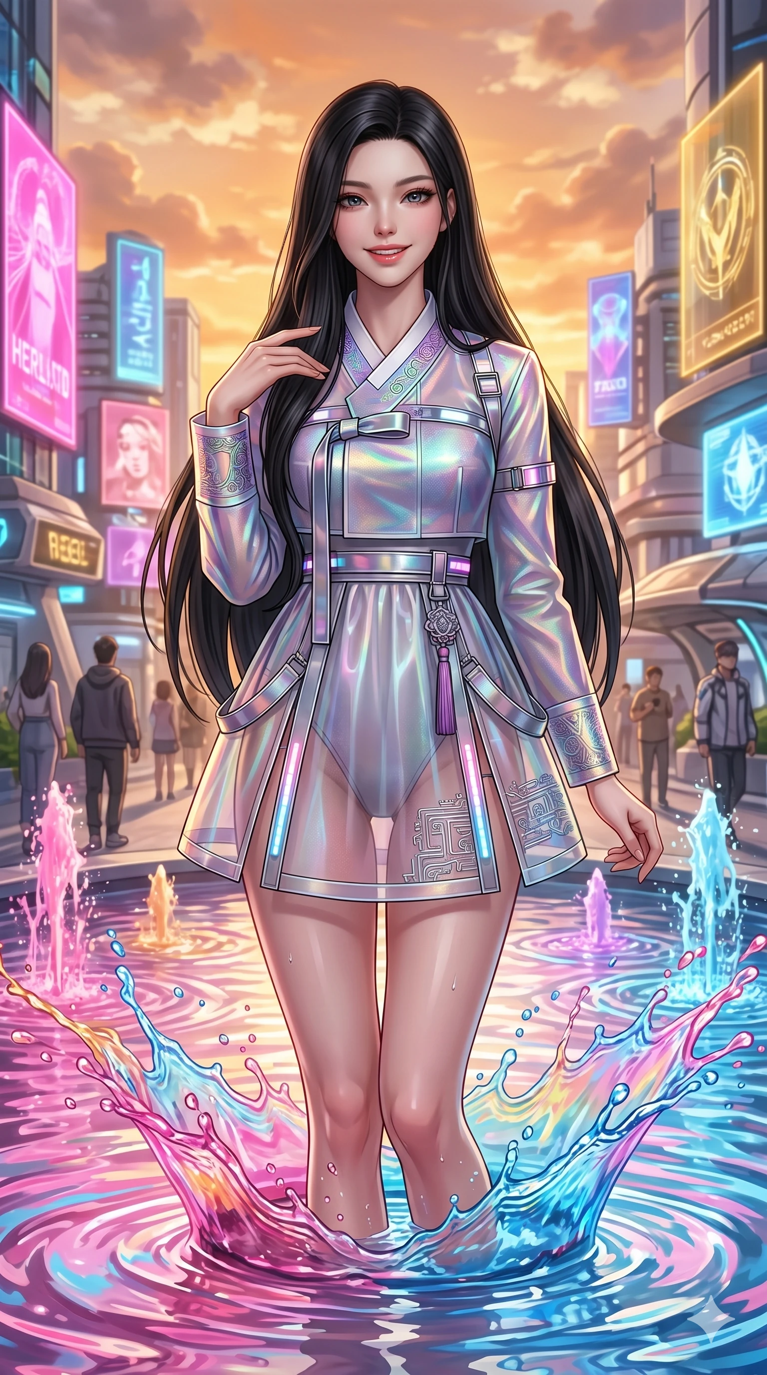score_9, masterpiece, best quality, ultra-detailed, Set A: Photorealistic 8k CG, Japanese woman. Upper body close-up from the thighs up, character filling the screen for maximum presence. Standing in a fountain of colorful liquid in a futuristic plaza. She has an absolutely perfect 8-heads proportion, an exceptionally tall and slender female figure with an slender waist and playful pose. Sharp v-shaped jawline, high-bridge nose, intricate jewel-like eyes with depth, thick eyelashes, glossy lips. Wearing a Modern Traditional outfit: tech-hanbok with transparent panels and metallic straps. Background is a bright and colorful city plaza with vibrant pink and blue water and orange sky. 2k, ultra detail, master piece, 9:16 ratio