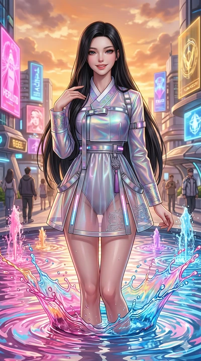 score_9, masterpiece, best quality, ultra-detailed, Set A: Photorealistic 8k CG, Japanese woman. Upper body close-up from the thighs up, character filling the screen for maximum presence. Standing in a fountain of colorful liquid in a futuristic plaz