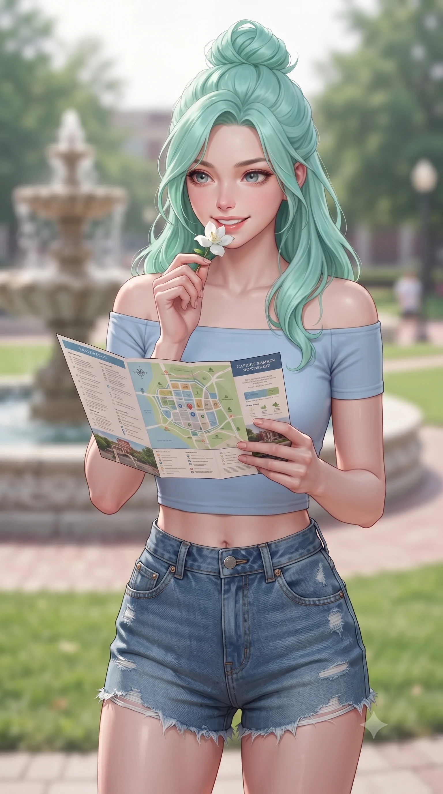 score_9, masterpiece, best quality, ultra-detailed, high-budget anime keyframe, editorial fashion photography, tasteful artistic composition, Japanese woman. close-up cowboy shot from the waist and thighs up, the character dominates the composition, filling the frame with her large presence, background elements kept in soft focus. holding a delicate flower near her lips, smiling with magnetic self-assurance and glowing eyes set against a soft-focus background of in a lively university plaza near a decorative stone fountain and green lawns looking at a campus map brochure with a cheerful, curious look. She has an exceptionally elegant, slender, and willowy female figure with an ultra-slim waist, a gracefully sculpted slender torso, and a refined silhouette. sharp v-shaped jawline, high-bridge nose, intricate jewel-like eyes with depth, thick eyelashes, glossy lips with a natural sheen. wearing slim-fit off-shoulder crop top in baby blue, paired with high-waist denim shorts. soft diffused daylight creating a clean, high-key glow in the space. ultra-reflective glossy finish, specular highlights, metallic sheen, high-contrast stereoscopic depth, volumetric dynamic lighting, 2k, ultra detail, master piece, 9:16 ratio